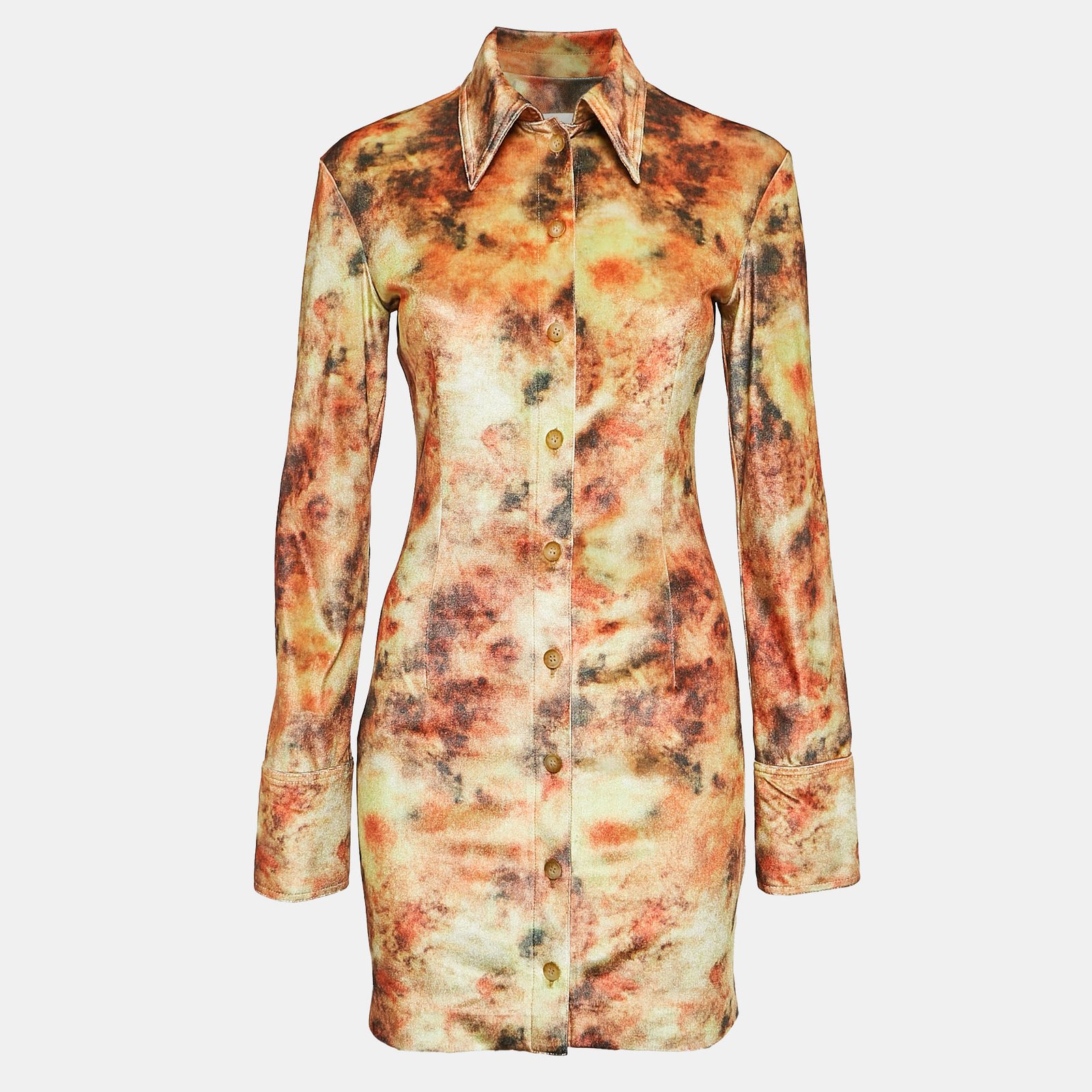 Nanushka Orange Hazy Floral Print Stretch Velvet Mini Shirt Dress S