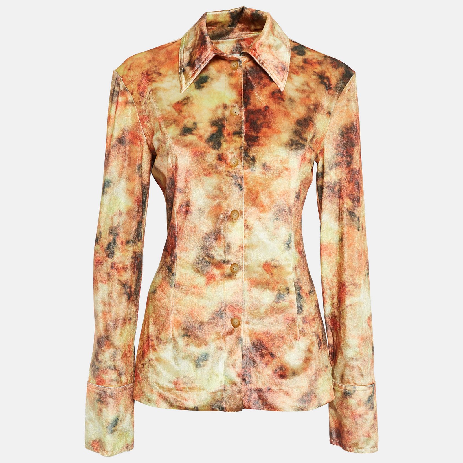 Nanushka Orange Hazy Floral Print Stretch Velvet Shirt XL
