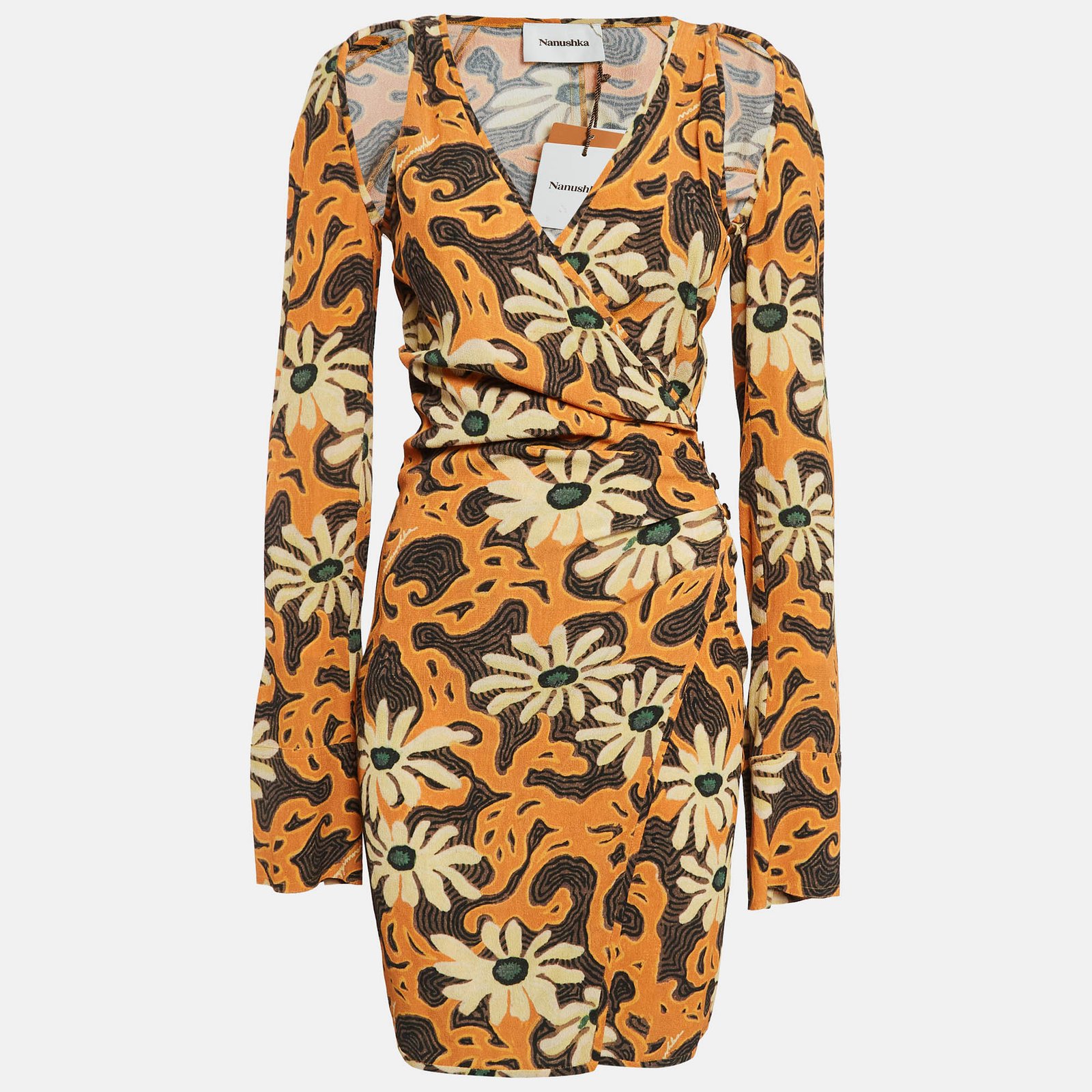 Nanushka Orange Floral Print Crepe Cut-Out Mini Wrap Dress M