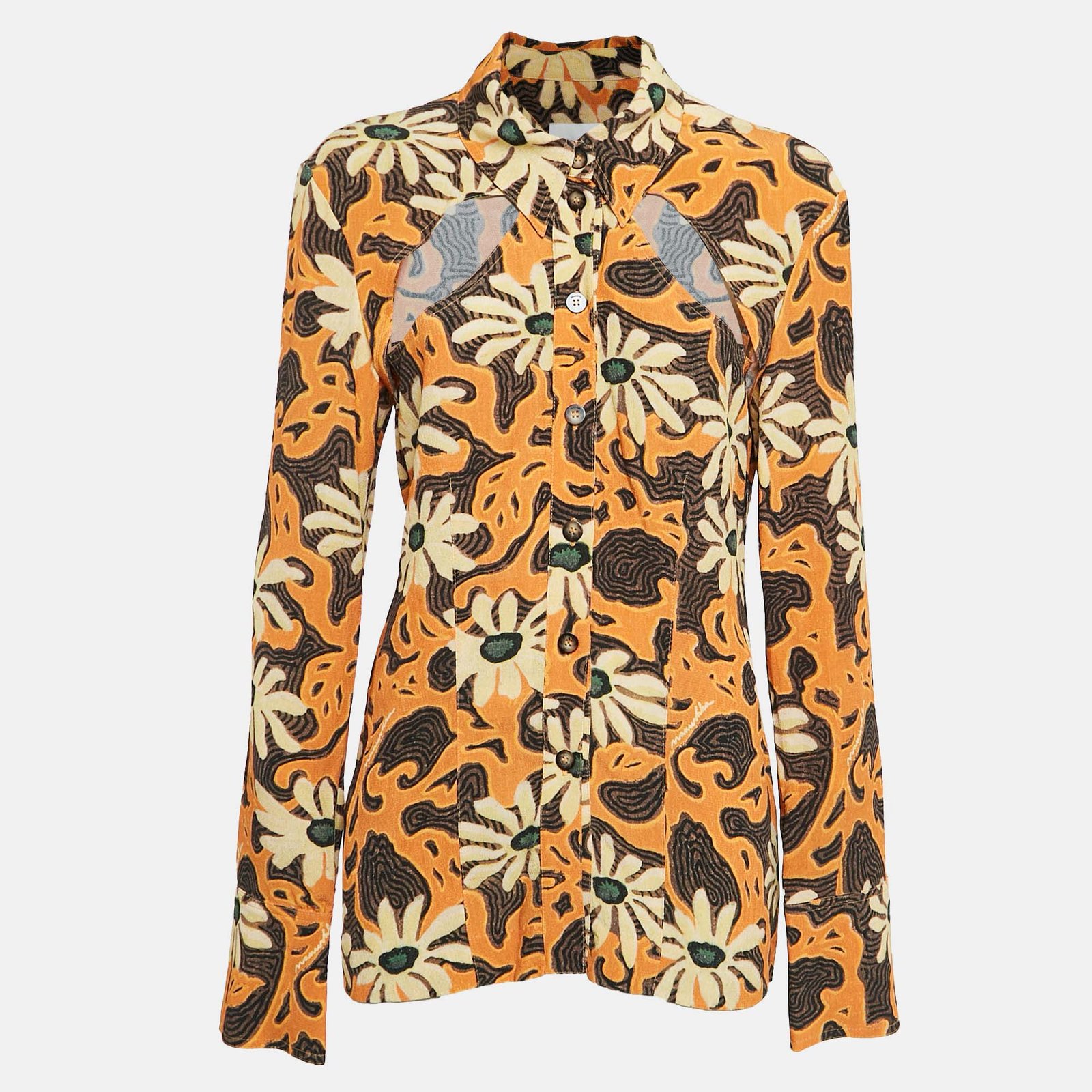 Nanushka Orange Floral Print Crepe Cut-Out Slim Fit Shirt L