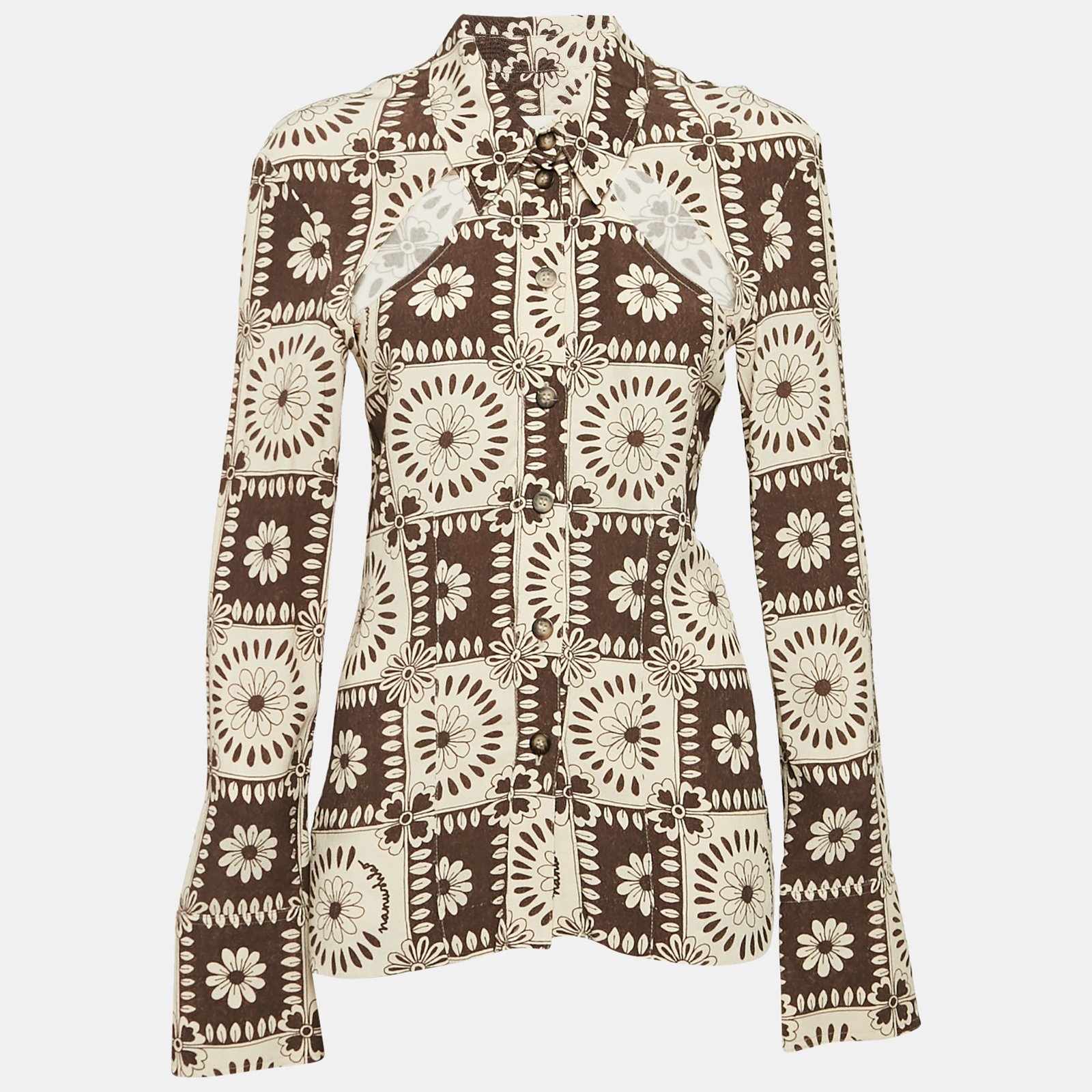 Nanushka Brown/Beige Floral Print Crepe Cutout Shirt S