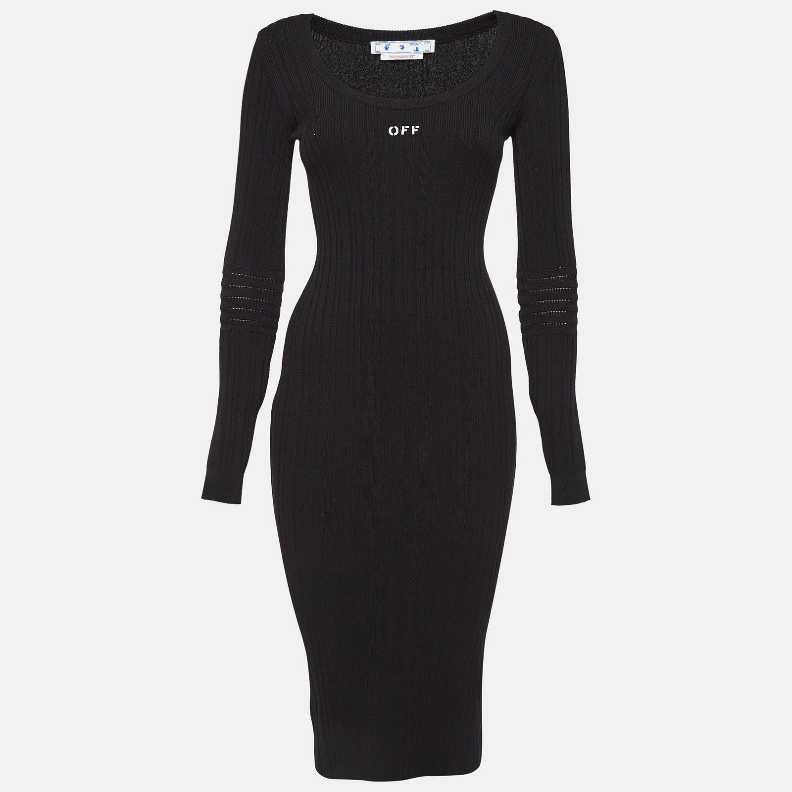 Off-White Logo Print Black Rib Knit Bodycon Dress M