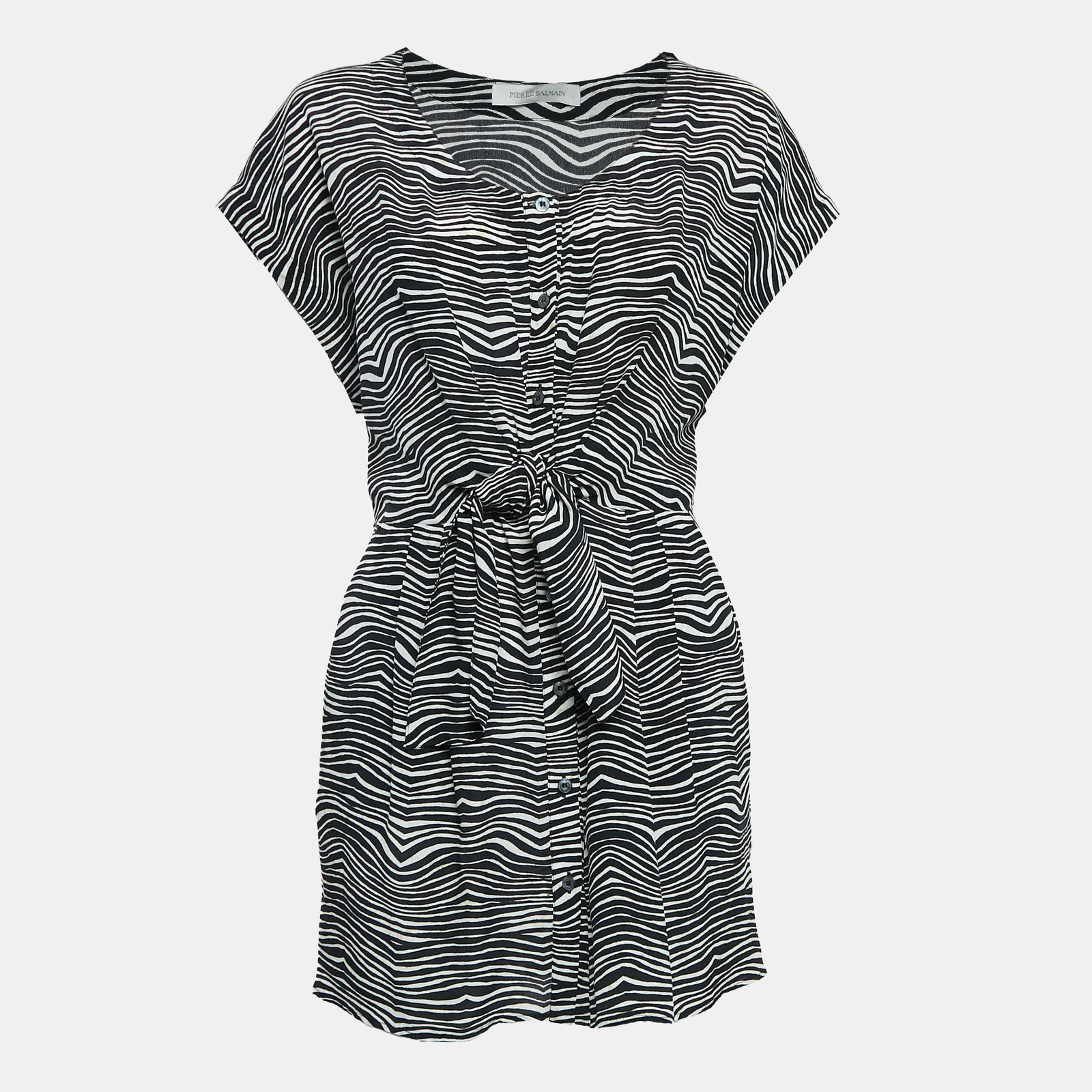 Pierre Balmain Black/White Printed Silk Waist Tie-Up Detail Mini Dress M