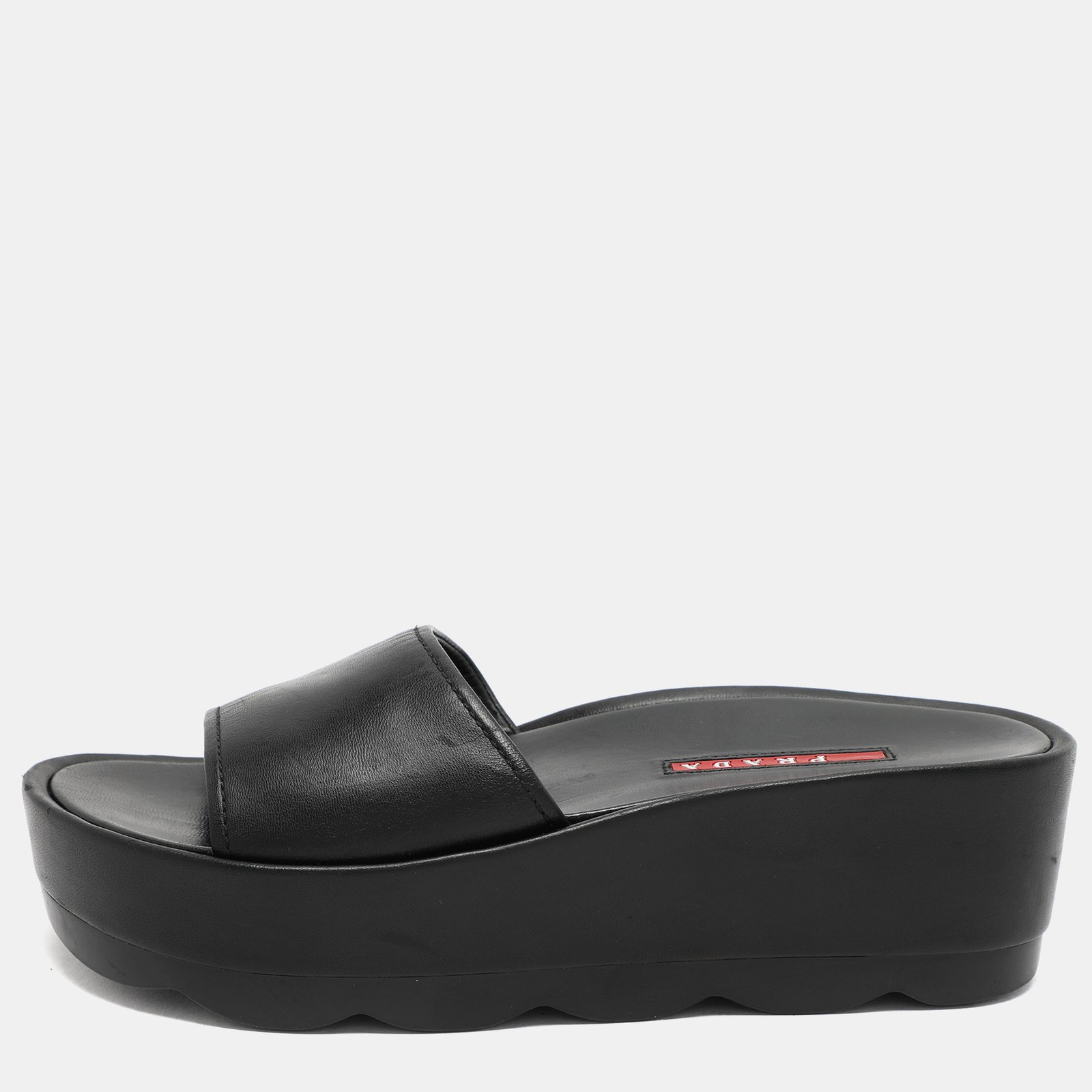 Prada Sport Black Leather Platform Slide Sandals Size 37