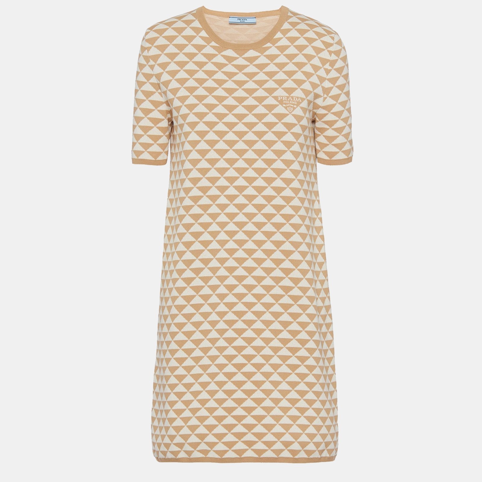 Prada Beige Jacquard Cotton Knit Crewneck Mini Dress M