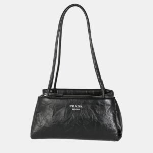Prada Black Antique Leather Small East West Shoulder Bag