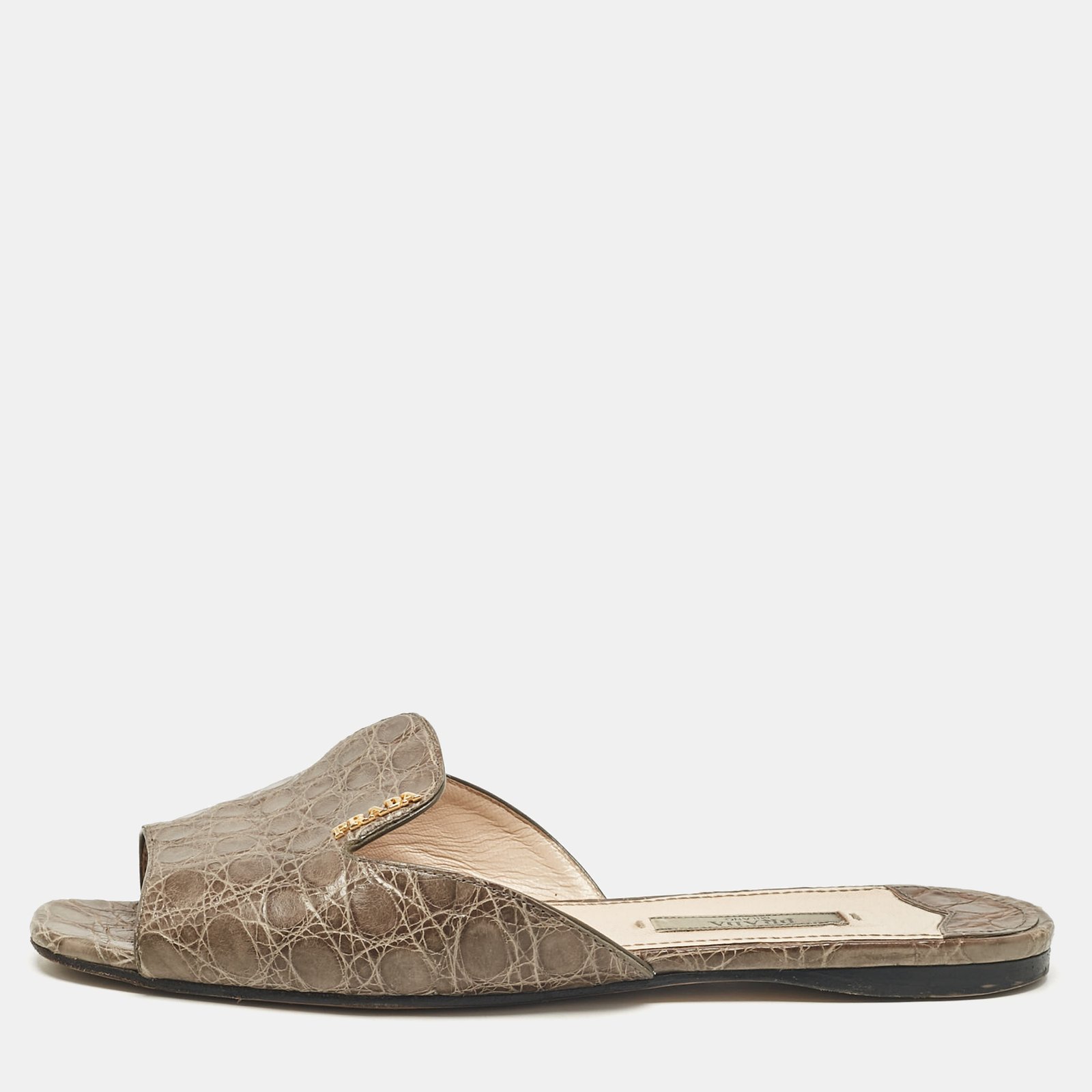 Prada Grey Crocodile Leather Flat Slides Size 36.5