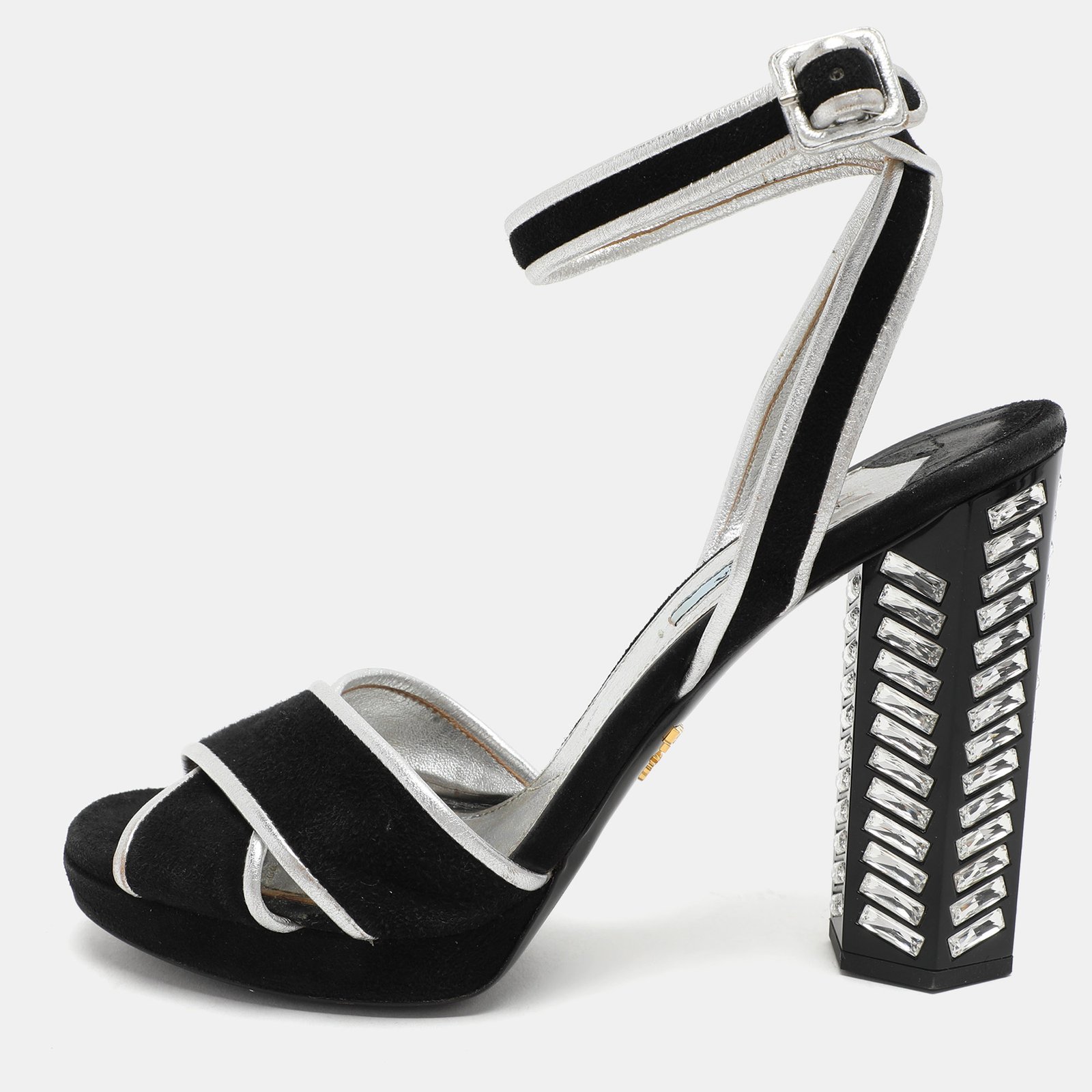 Prada Black/Silver Suede and Leather Ankle Strap Sandals Size 39.5