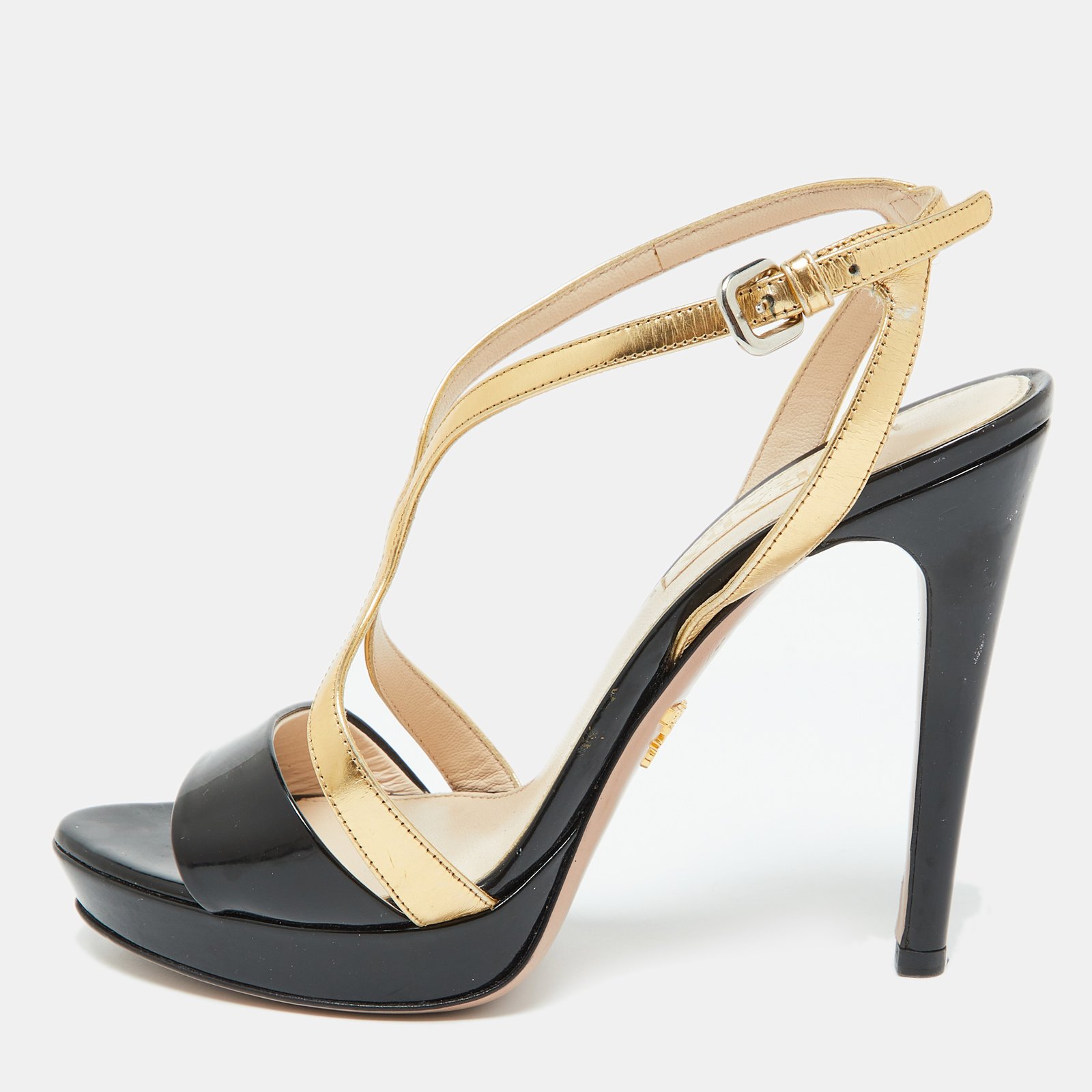 Prada Black/Gold Leather Strappy Platform Sandals Size 37
