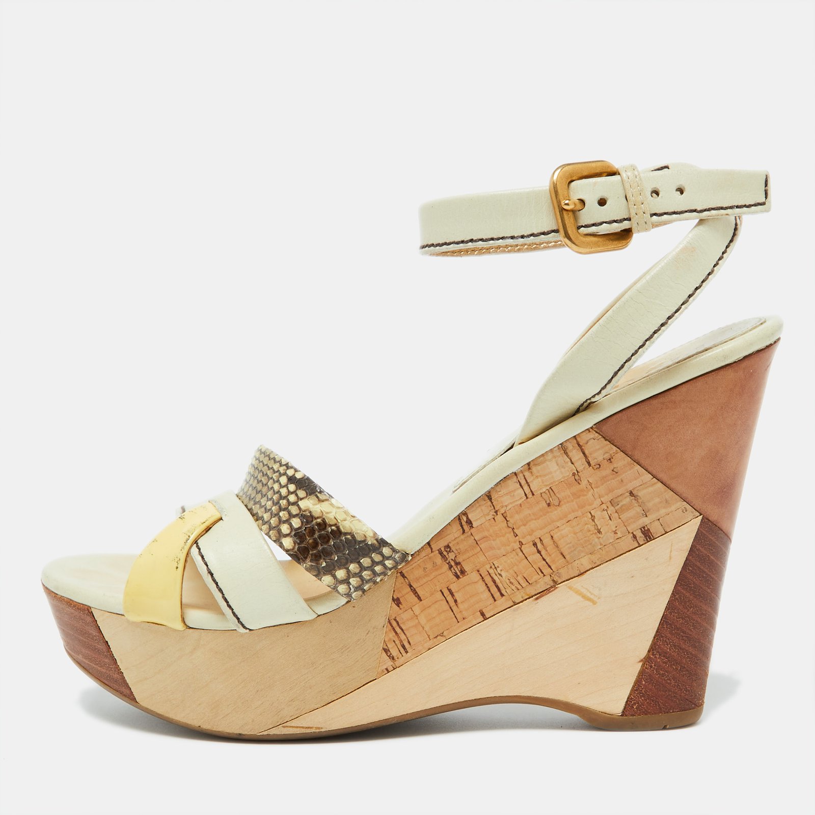 Prada Cream Leather and Snakeskin Leather Platform Wedge Sandals Size 39