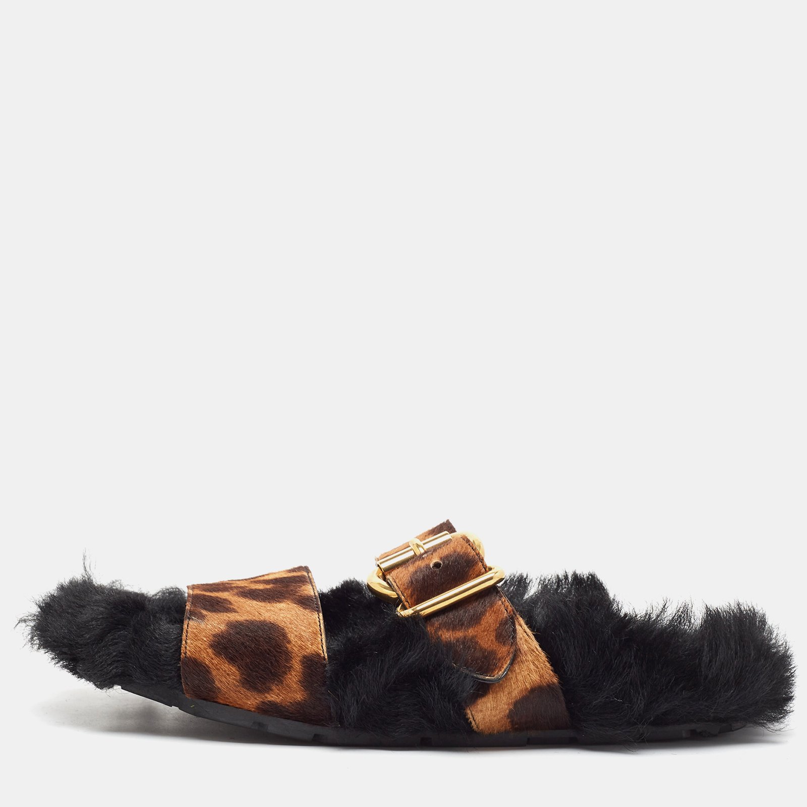 Prada Brown Calf Hair and Fur Buckle Flat Slides Size  38