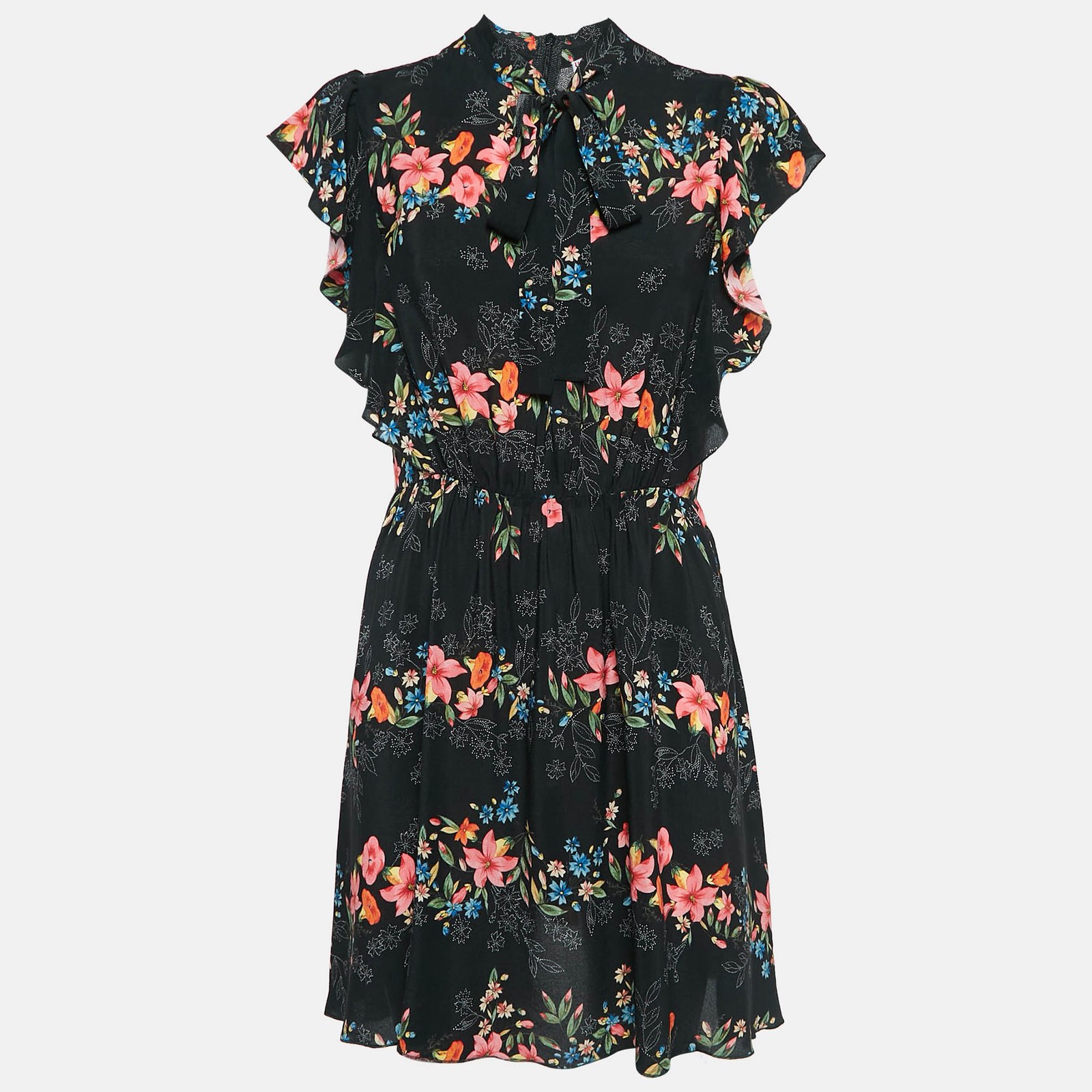 RED Valentino Black Floral Print Silk Ruffled Mini Dress M