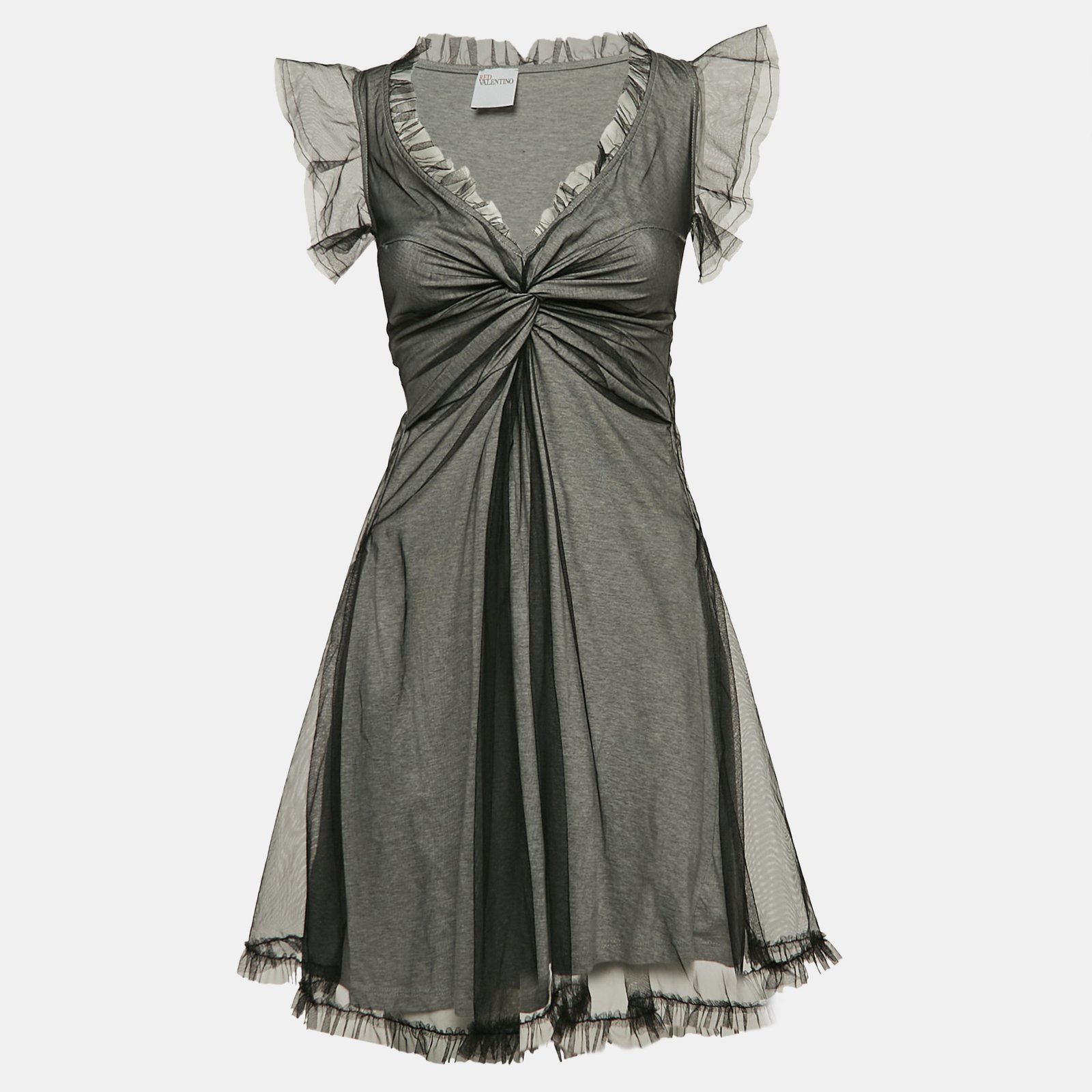 RED Valentino Grey/Black Tulle and Cotton Knit Ruffled Mini Dress S