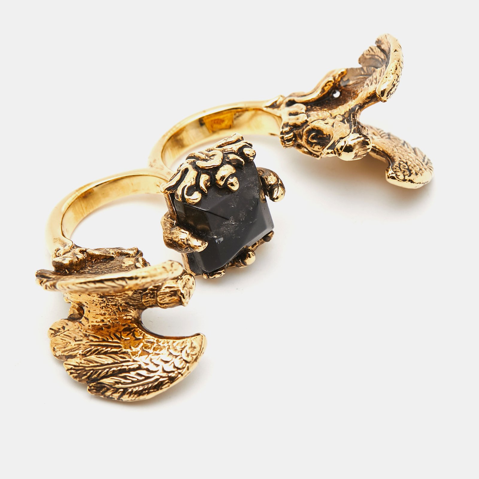 Roberto Cavalli 2 FInger Resinl Gold Tone Ring Size 56