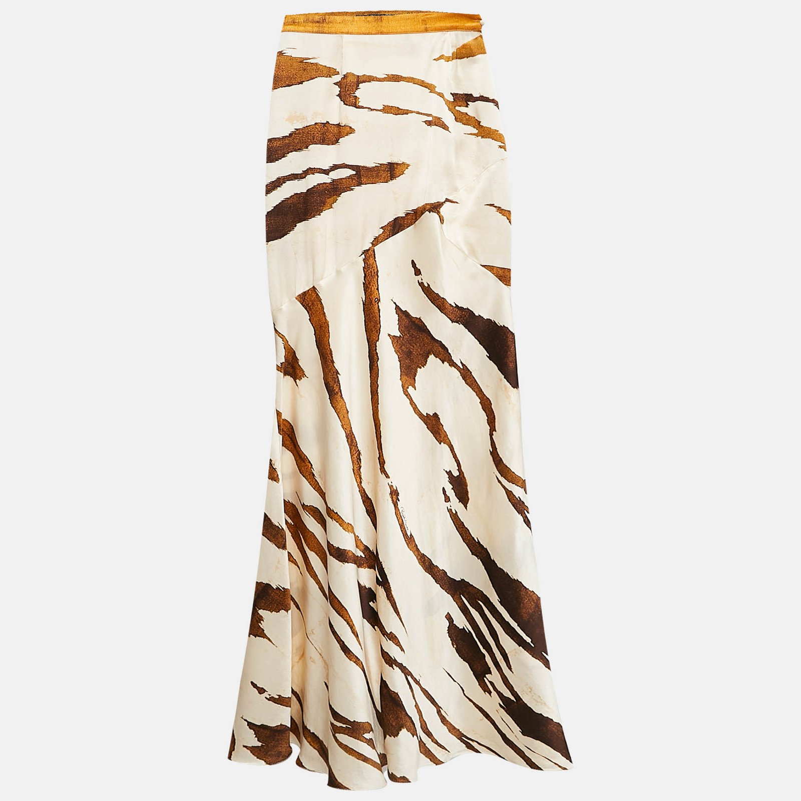 Roberto Cavalli Cream Printed Satin Silk Maxi Skirt S