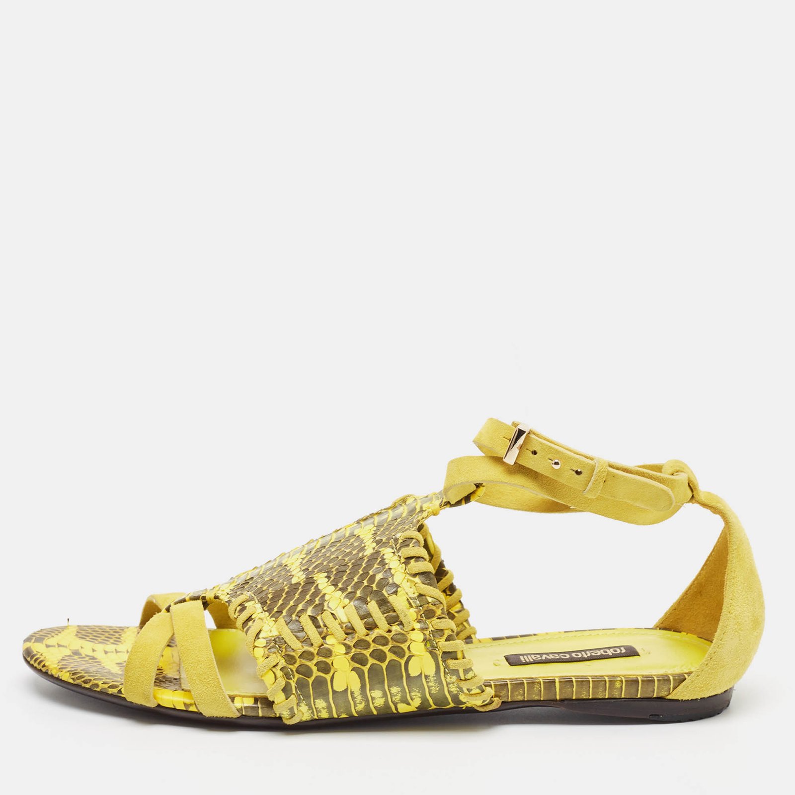 Roberto Cavalli Yellow Snakeskin and Suede Flat Sandals Size 38