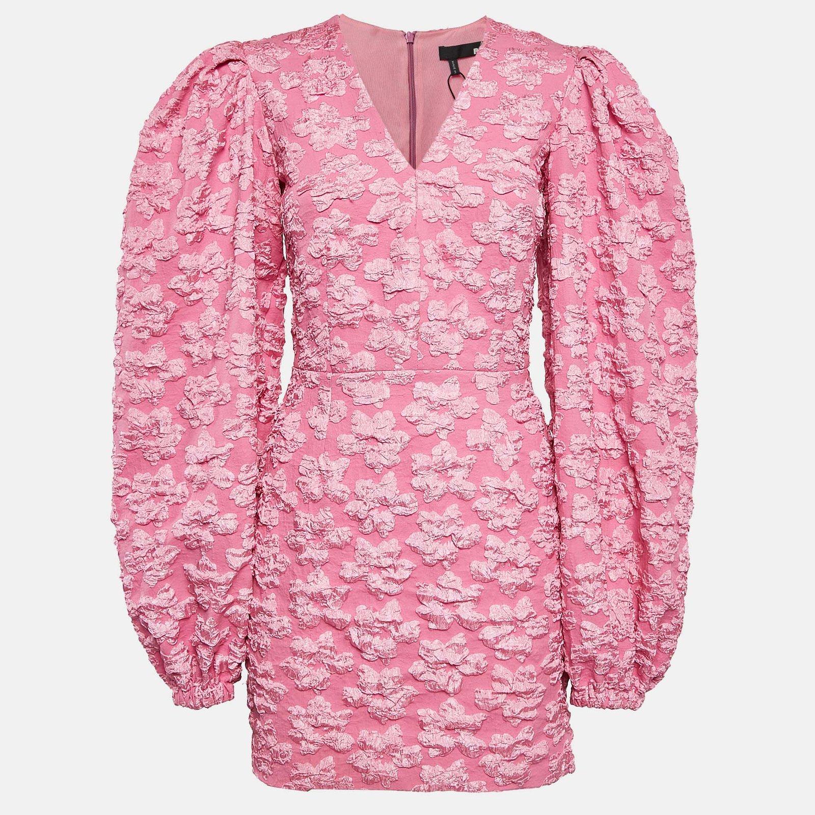 Rotate Birger Christensen Pink Floral Textured Crepe V-Neck Mini Dress S