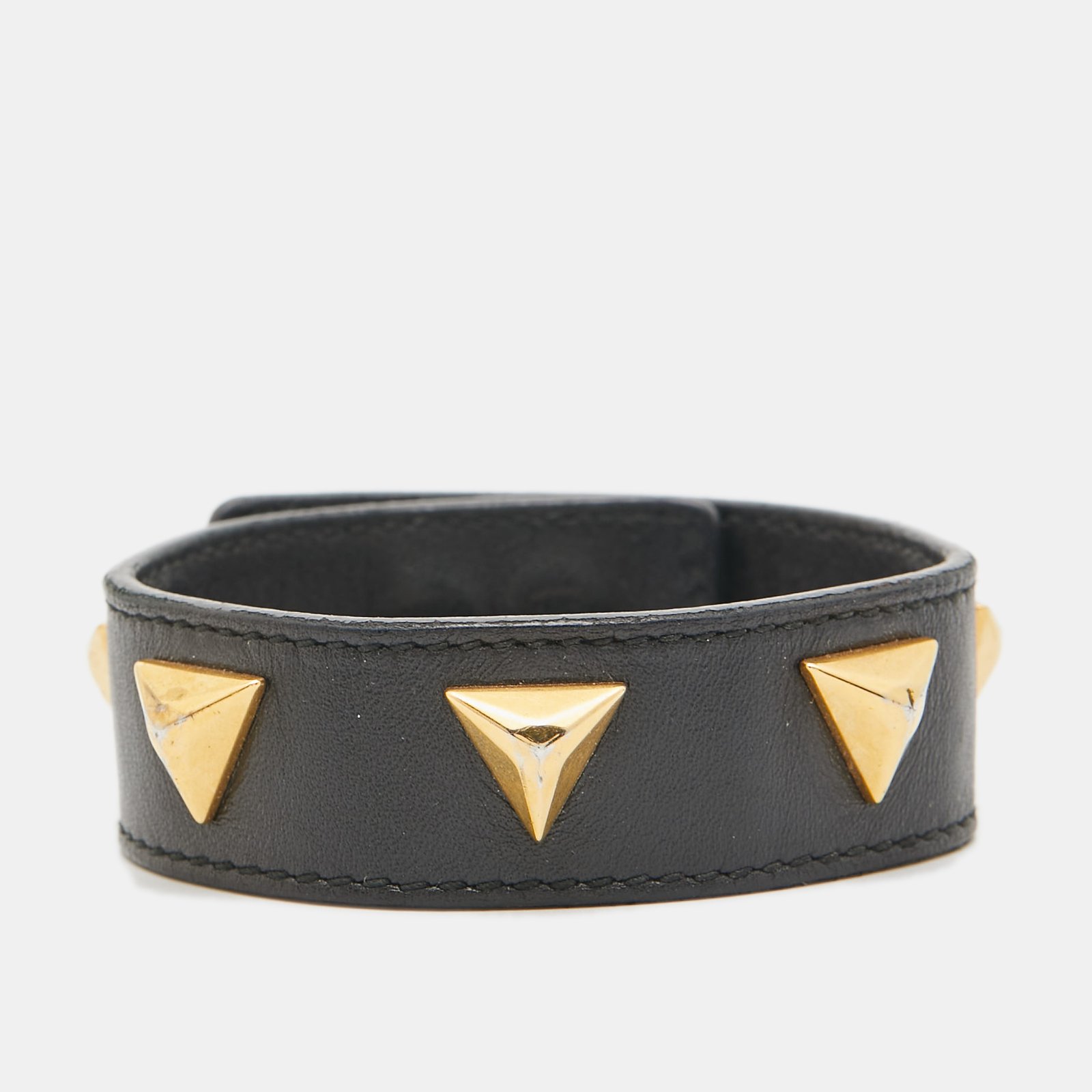 Saint Laurent Paris Black Leather Triangle Studs Gold Tone Cuff Bracelet
