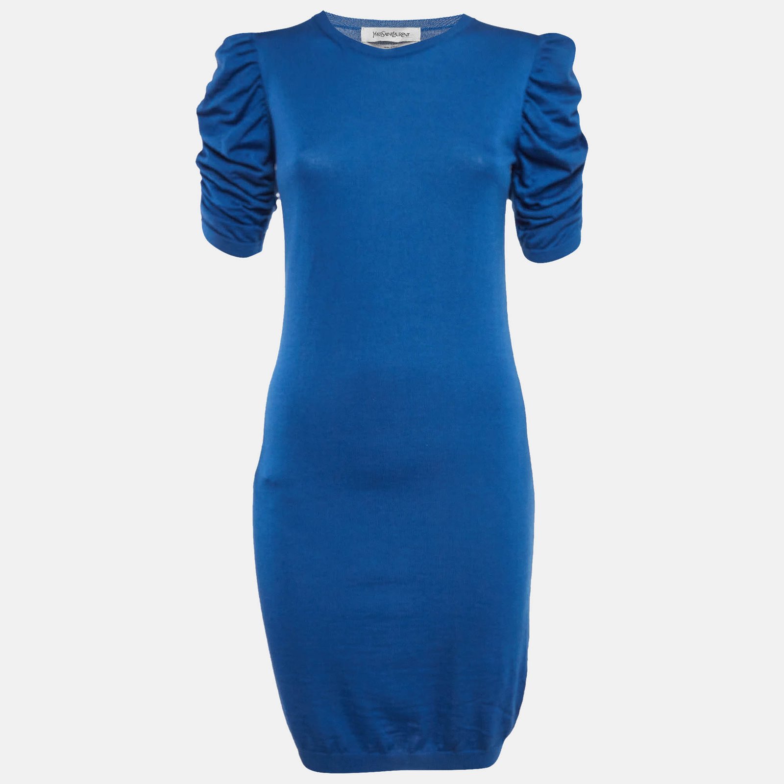 Saint Laurent  Blue Knit Ruched Sleeves Midi Dress XS