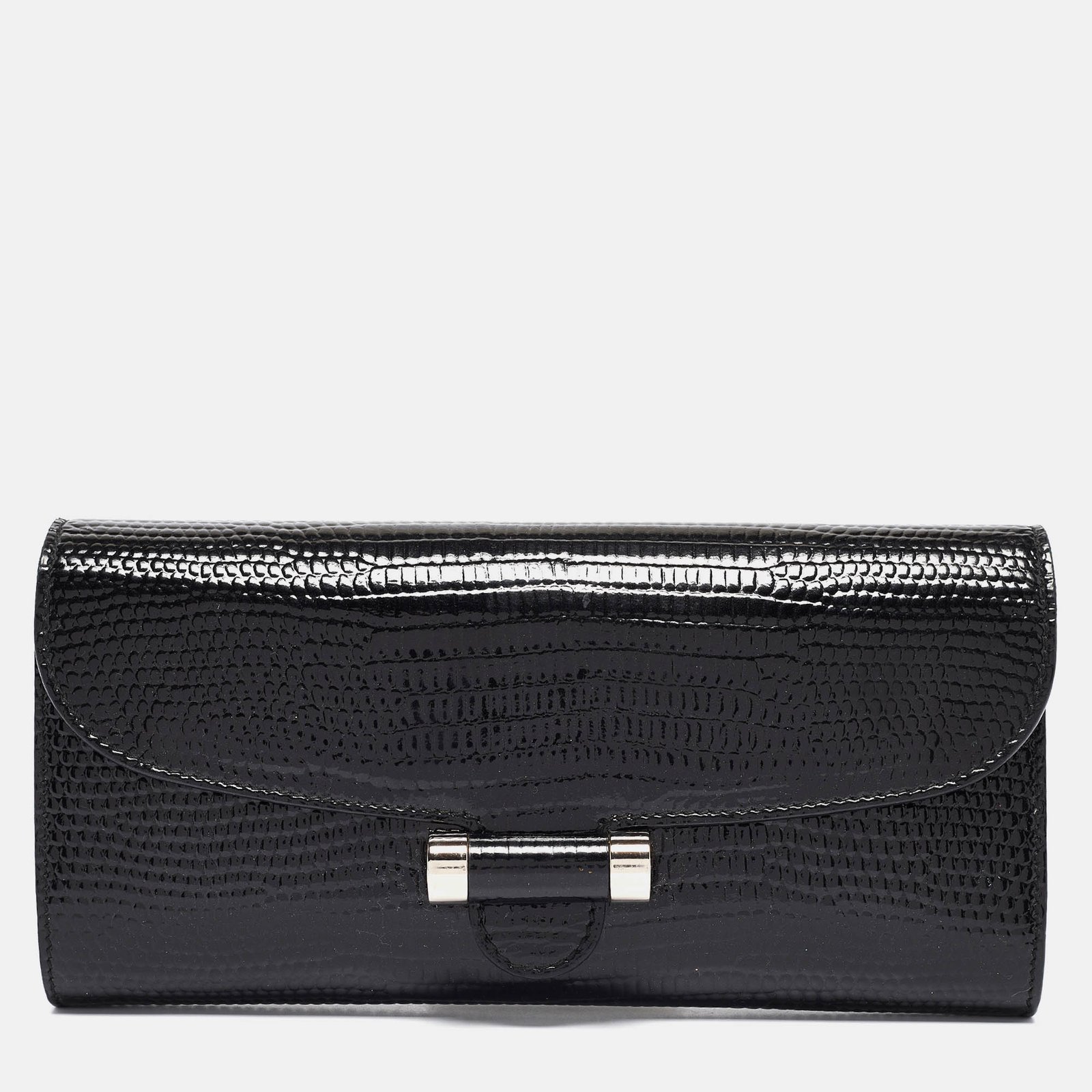 Saint Laurent Black Lizard Embossed Patent Leather Muse Clutch