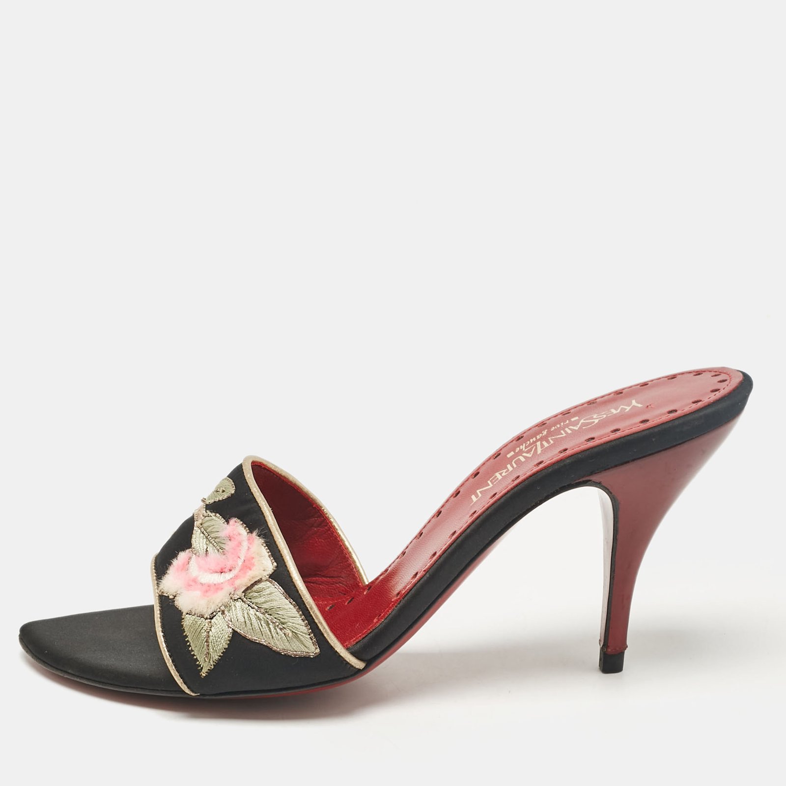 Saint Laurent Black Satin Slide Sandals Size 37.5