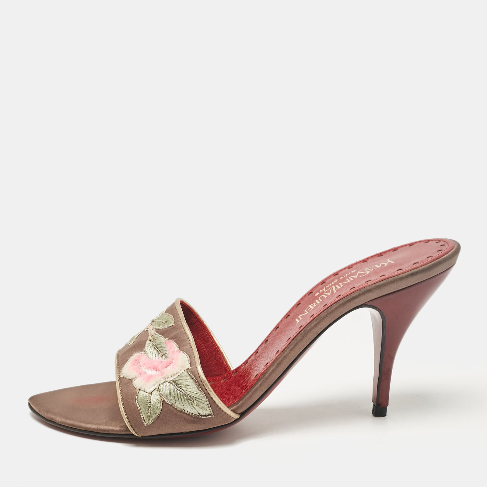 Saint Laurent Beige Satin Slide Sandals Size 37.5