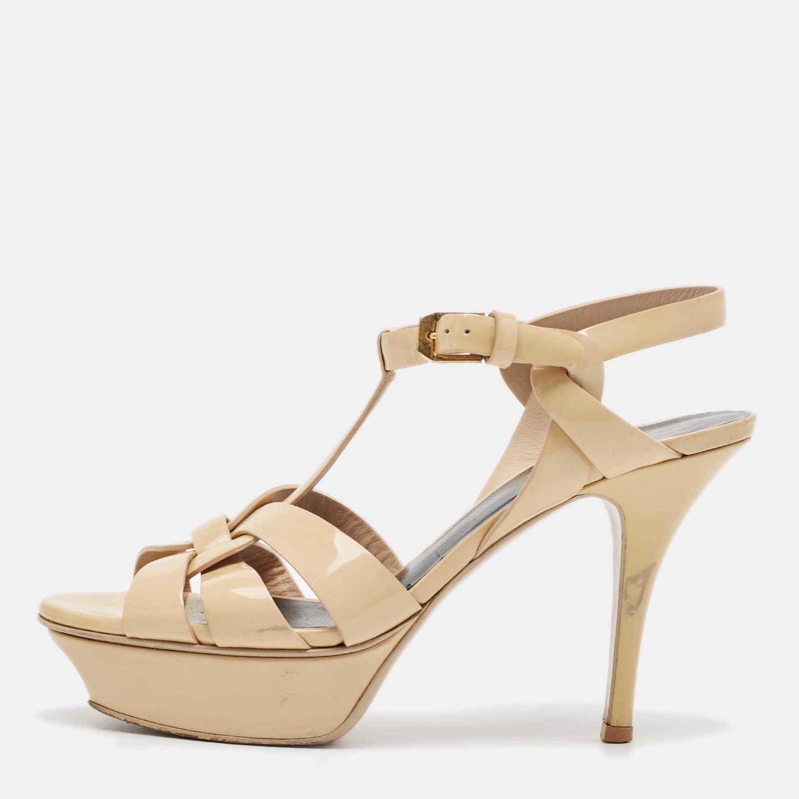 Saint Laurent Beige Patent Leather Tribute Sandals Size 36