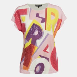 Salvatore Ferragamo Pink Printed Jersey Sequin Detail T-Shirt S