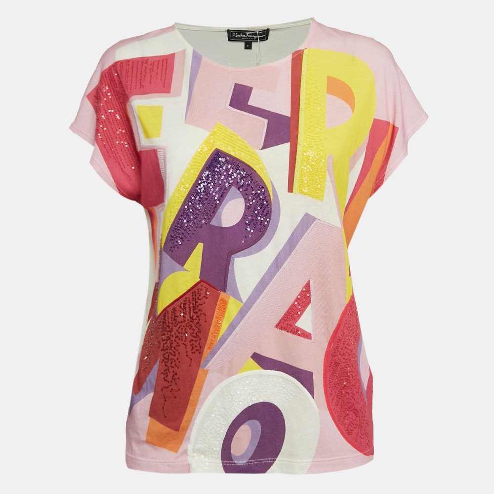 Salvatore Ferragamo Pink Printed Jersey Sequin Detail T-Shirt S