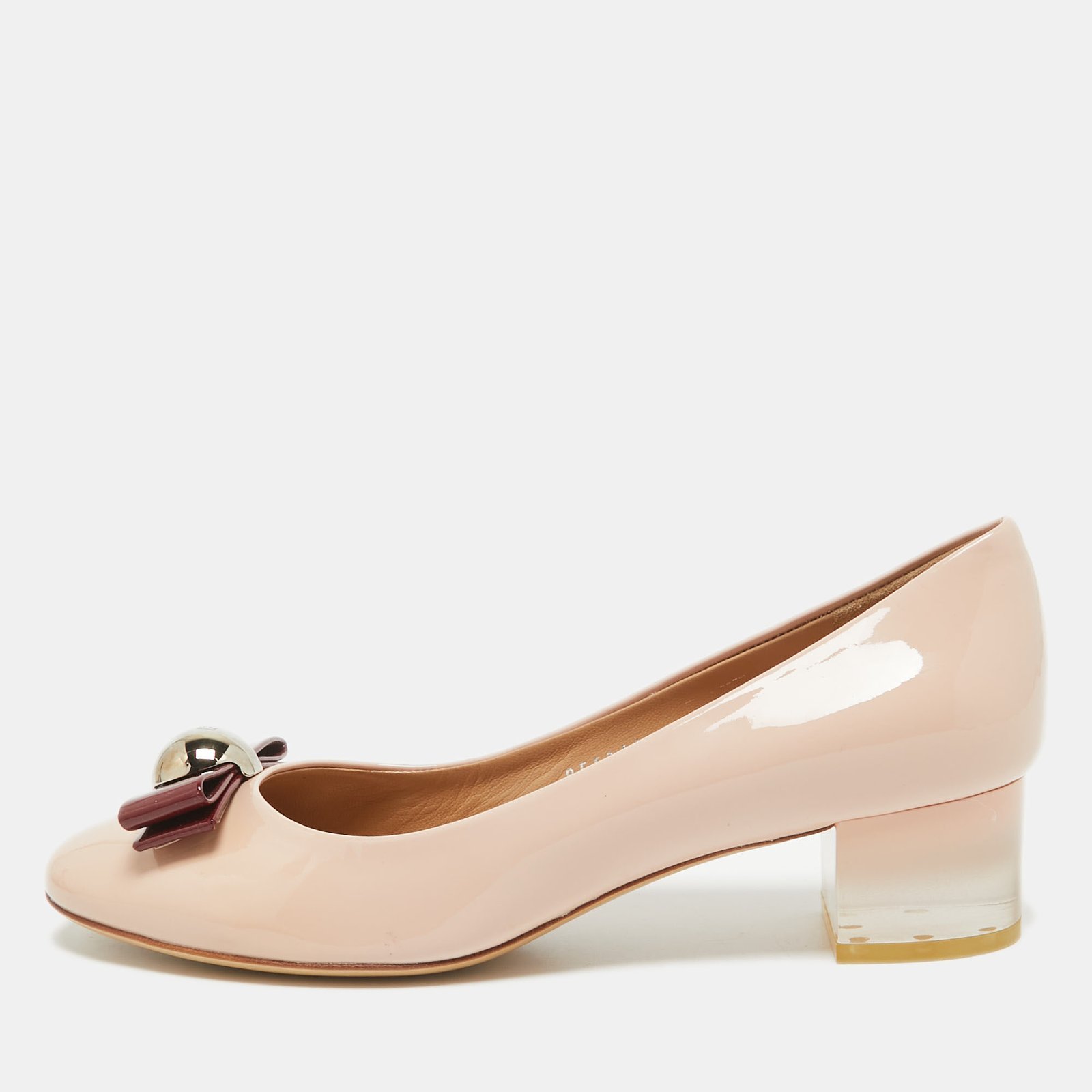 Salvatore Ferragamo Beige Patent Leather Missy Block Heel Pumps Size 40