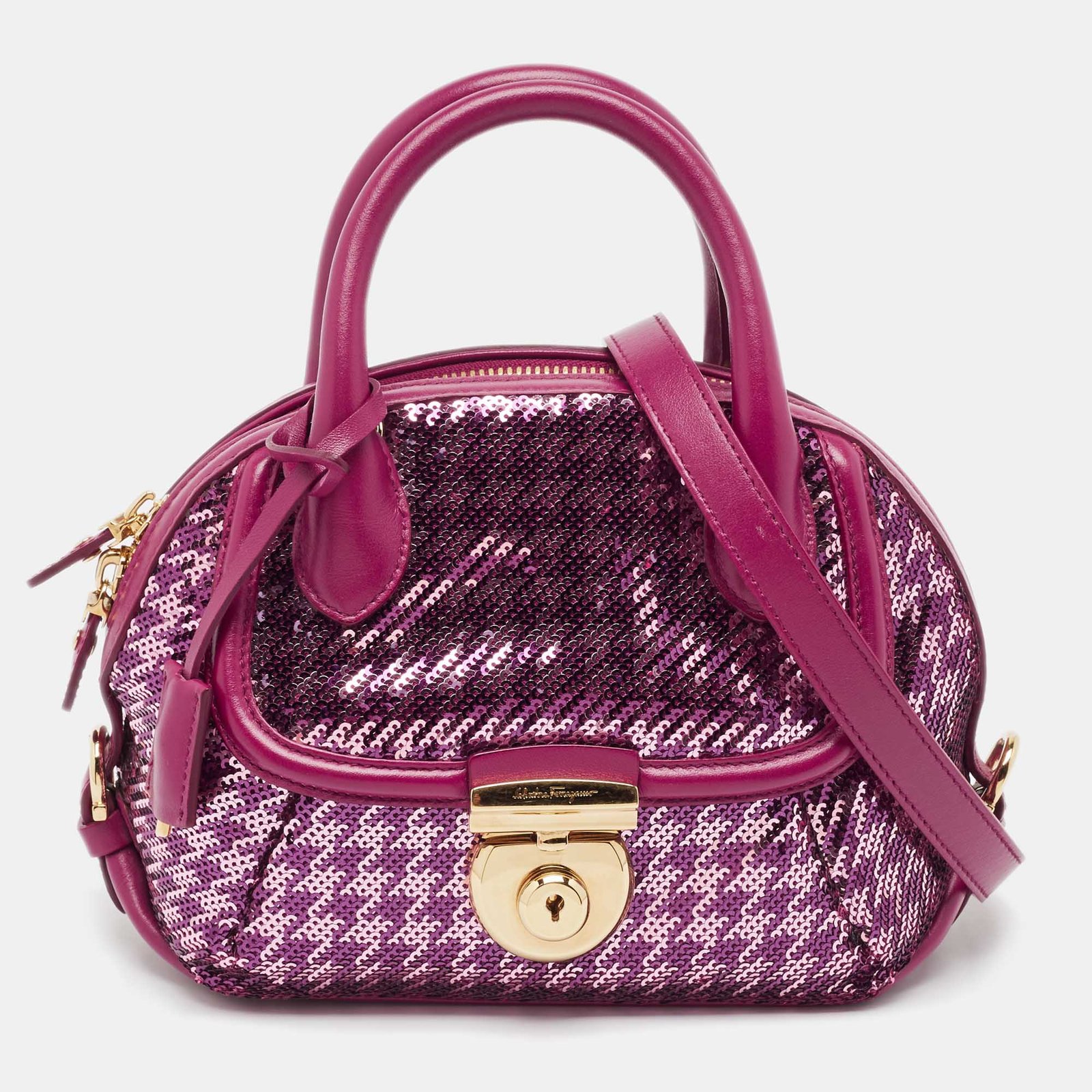 Salvatore Ferragamo Burgundy Sequins and Leather Fiamma Satchel