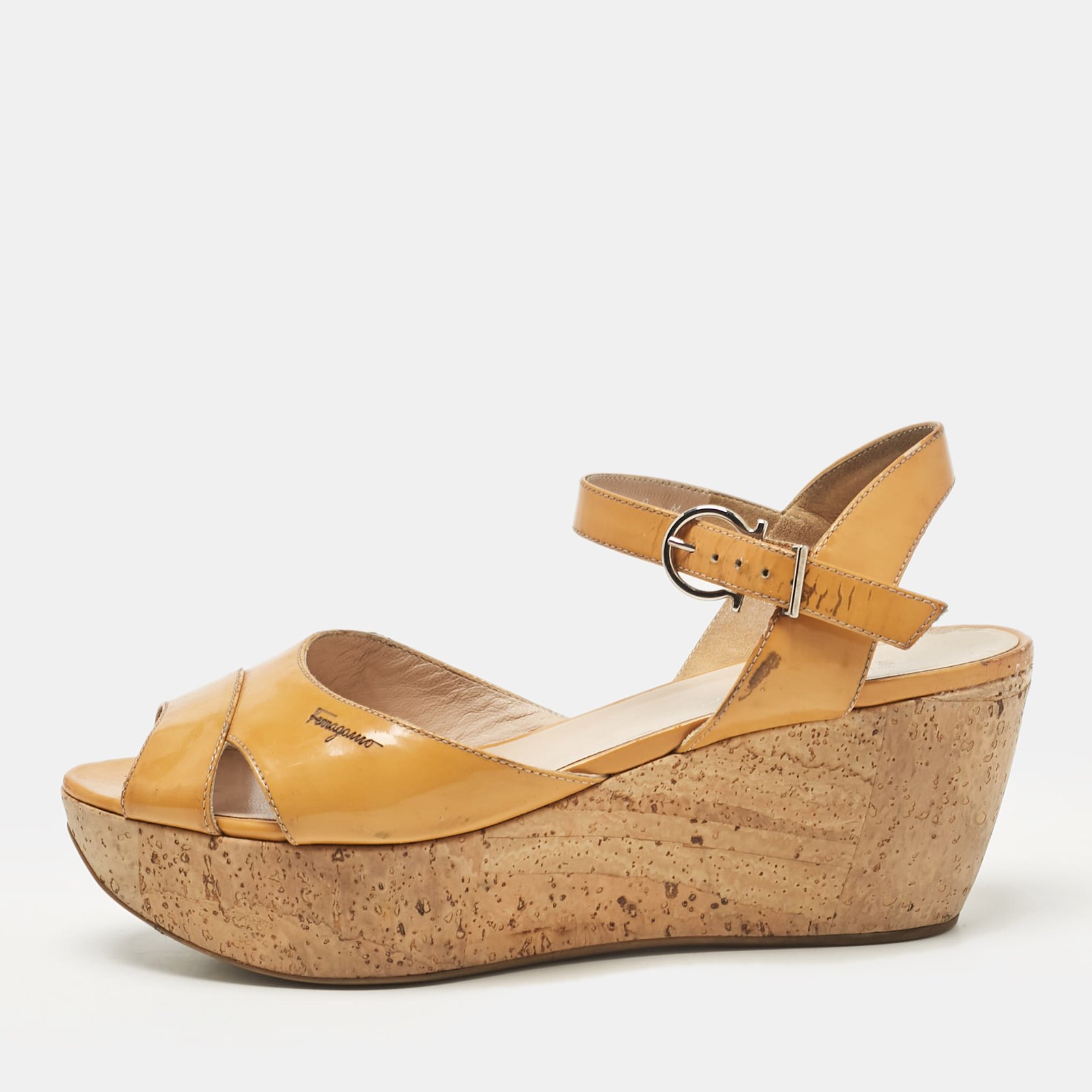 Salvatore Ferragamo Yellow Patent Leather Wedge Sandals Size 38.5