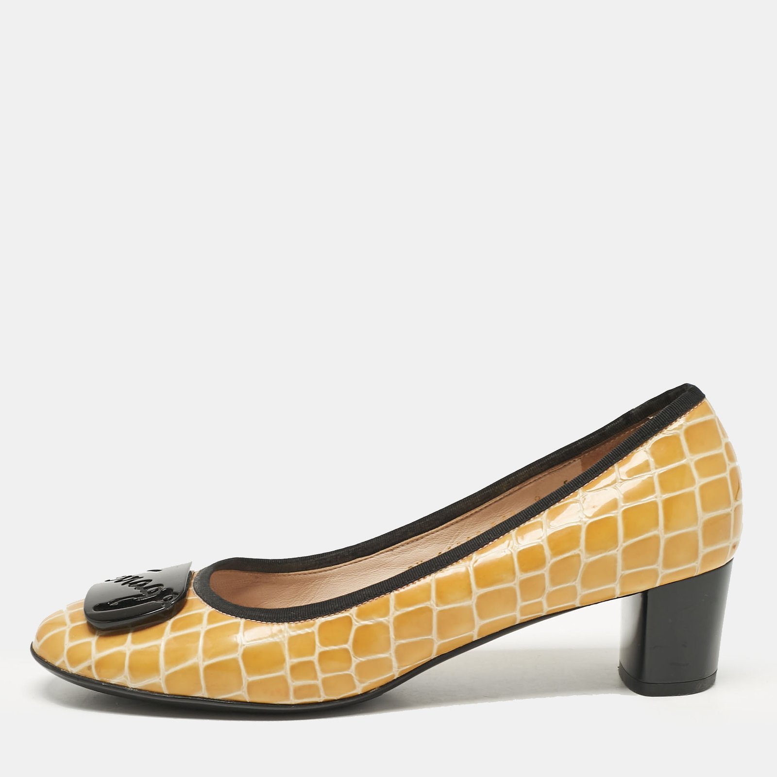 Salvatore Ferragamo Yellow Croc Embossed Patent Leather  Pumps Size 38.5