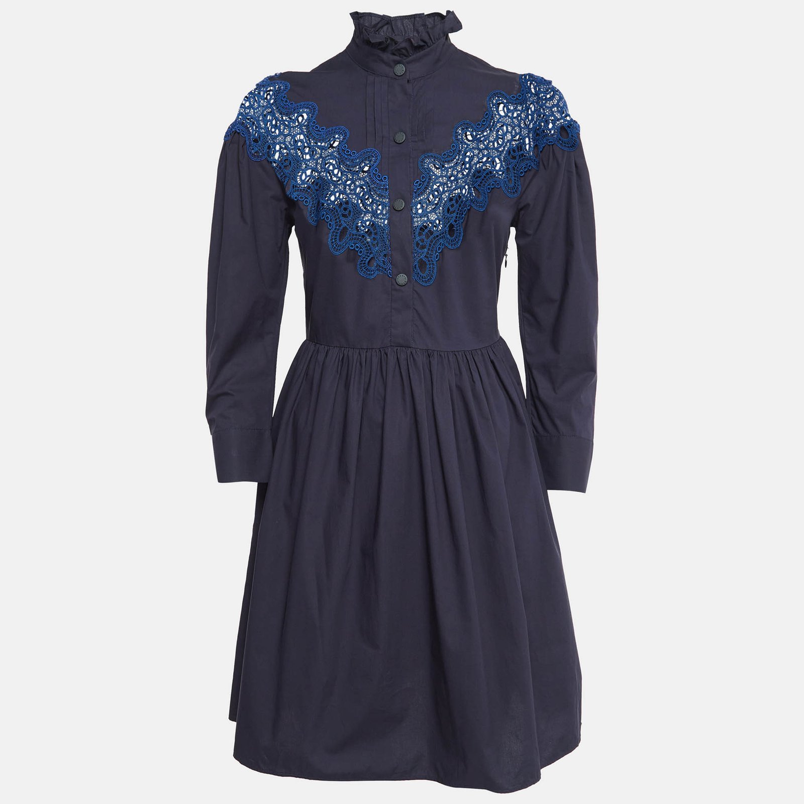 Sandro Navy Blue Cotton Lace Trim Ruffled Collar Mini Dress XS