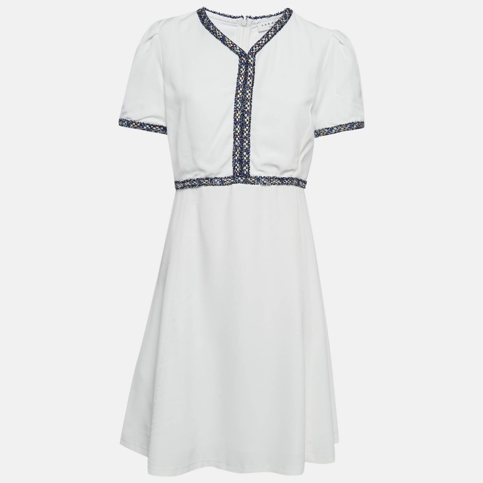 Sandro White Textured Crepe Trim Detail Mini Dress L
