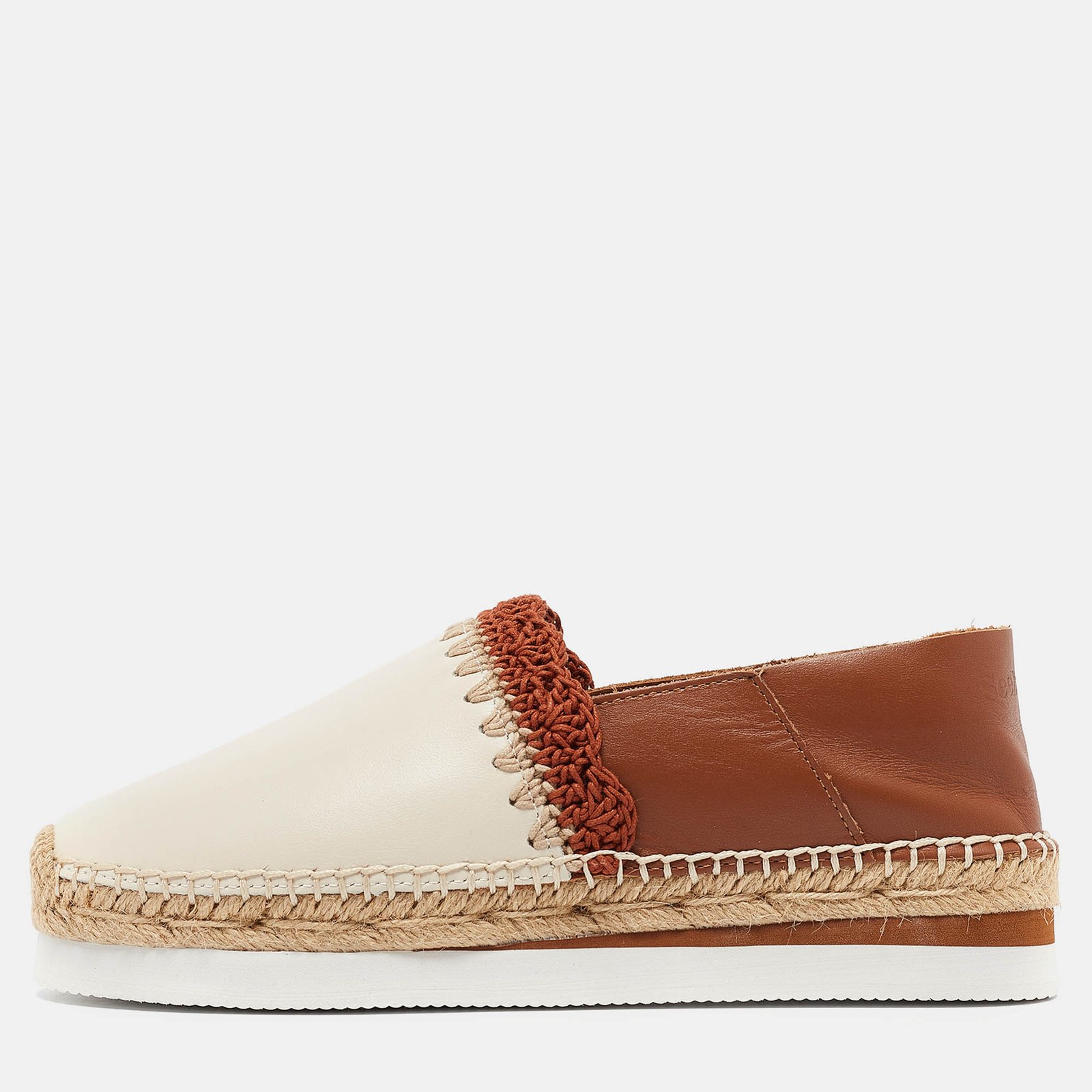 See by Chloe Cream/Brown Leather Glyn Espadrille Flats Size 38