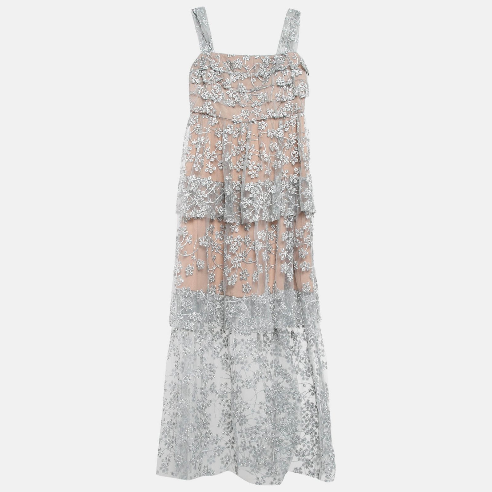 Self-Portrait Grey Blossom Embroidery Tulle Tiered Maxi Dress M