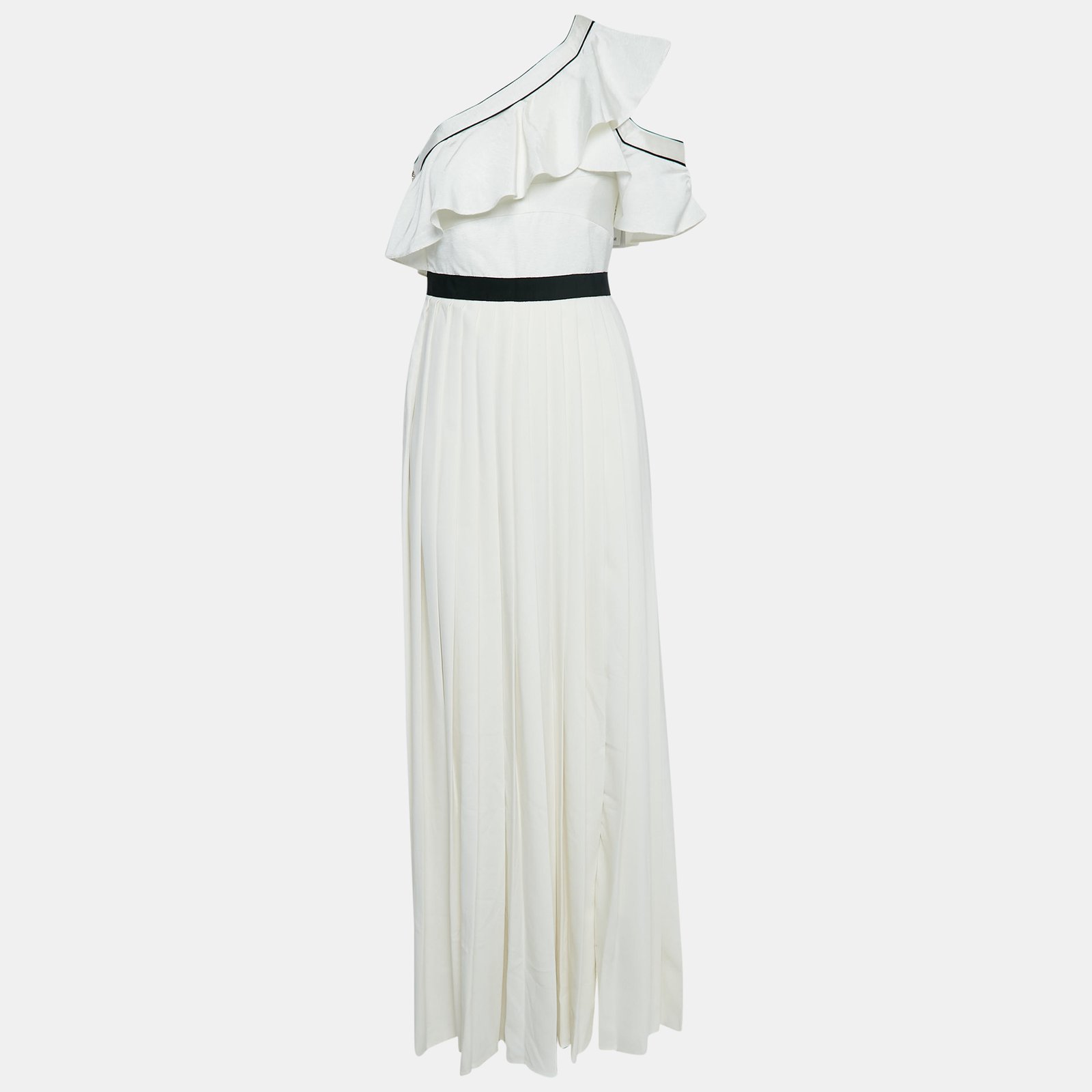 Self-Portrait White Crepe One-Shoulder Pleated Maxi Dress S