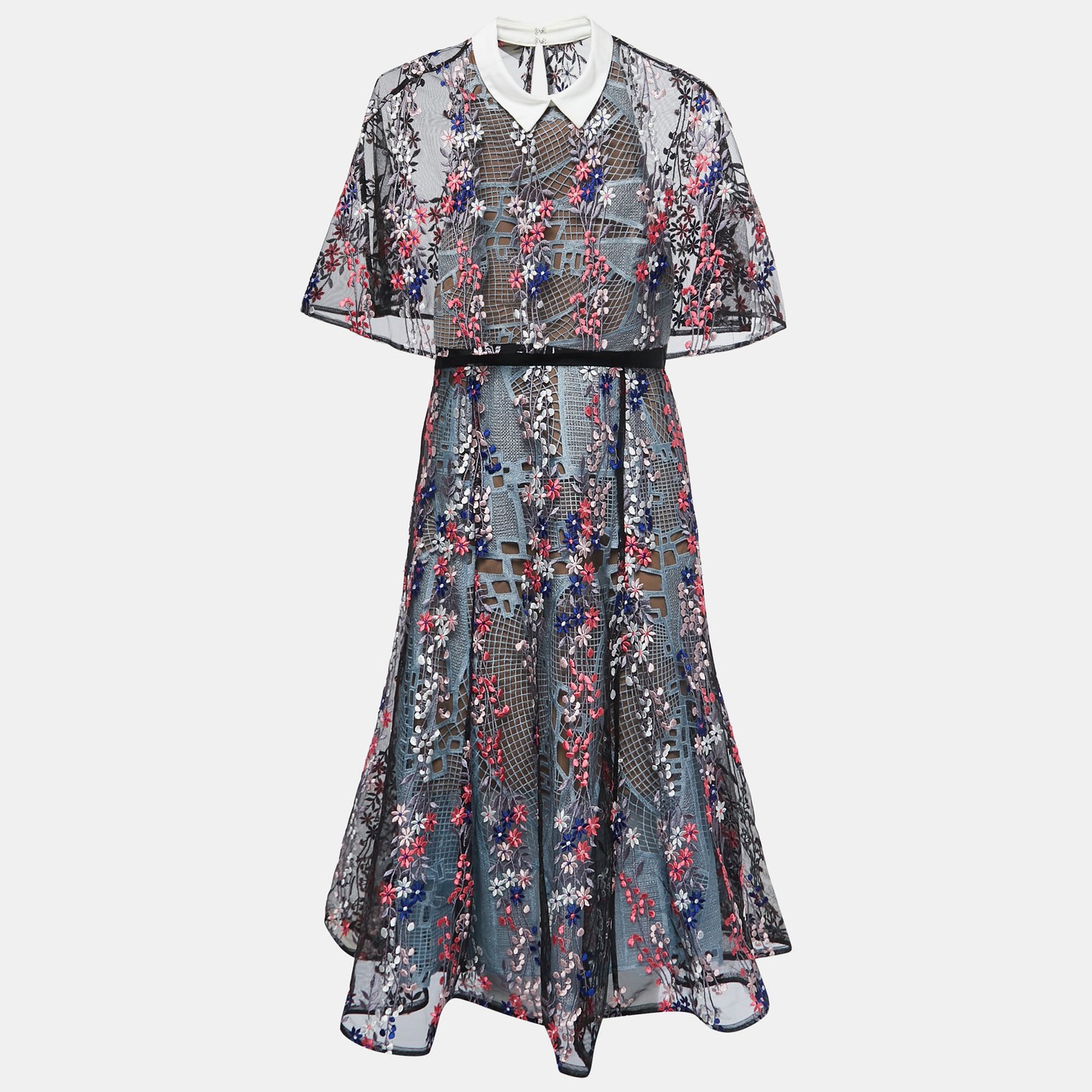 Self-Portrait Black Embroidered Tulle and Guipure Midi Dress M