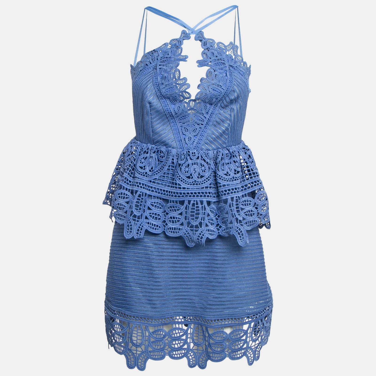 Self-Portrait Blue Guipure Lace Ruffled Mini Dress S