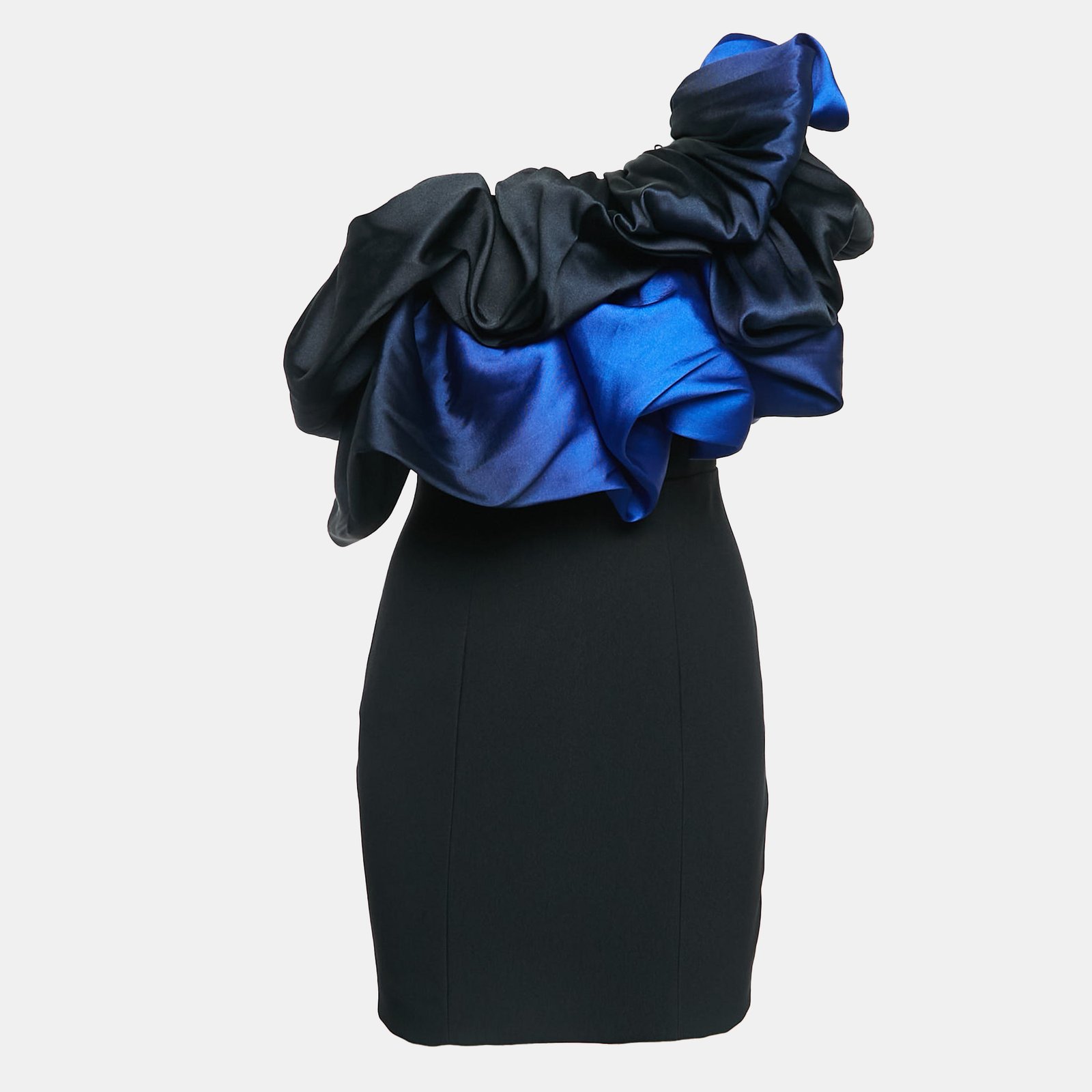 Solace London Black/Blue Crepe One-Shoulder Ruffled Mini Dress S