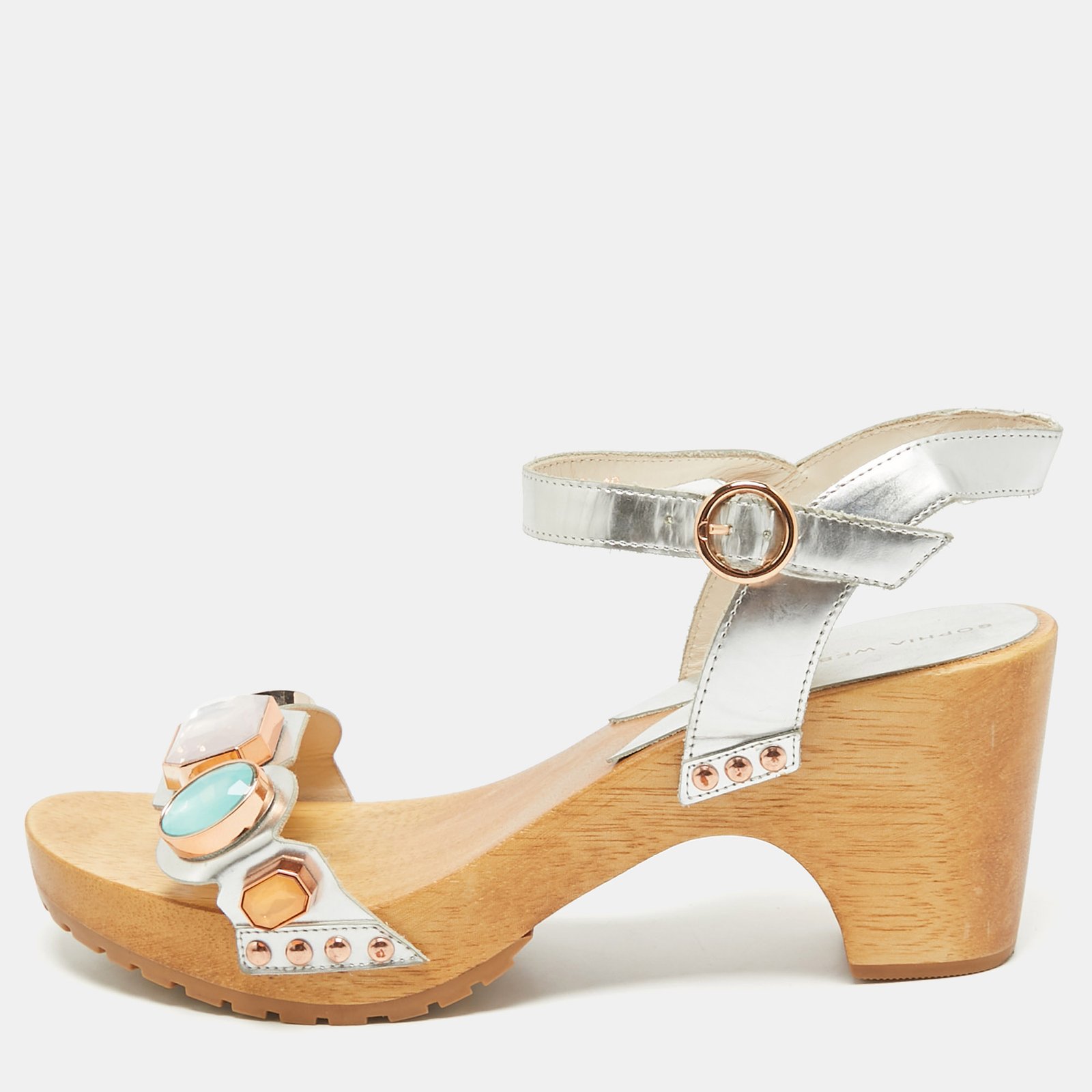 Sophia Webster Silver Leather Studded Jewel Ankle Strap Sandals Size 40