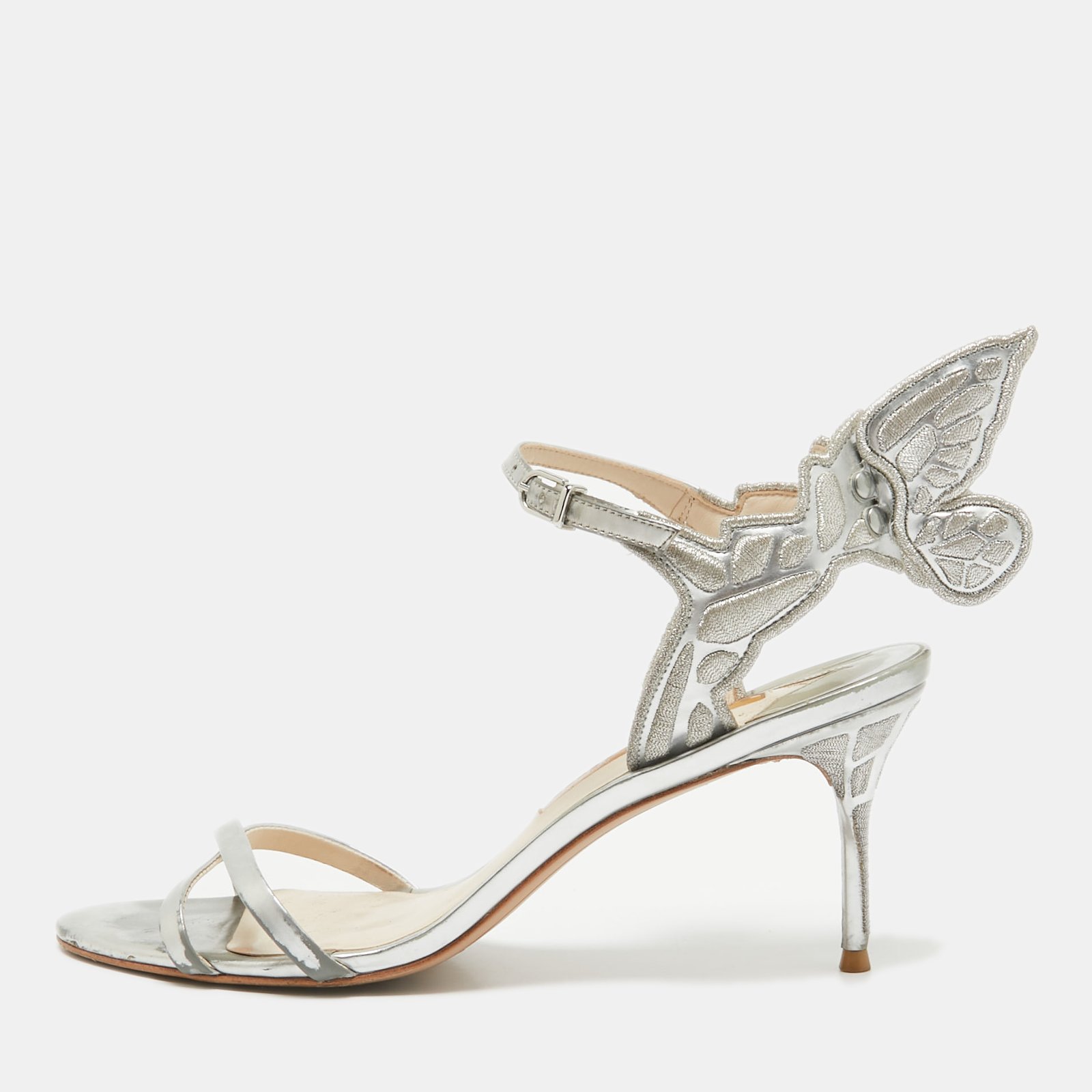 Sophia Webster Silver Faux Leather Butterfly Ankle Strap Sandals Size 40
