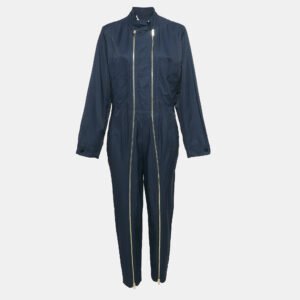 Stella McCartney Navy Blue Cotton Blend Zip Detailed Cargo Jumpsuit S