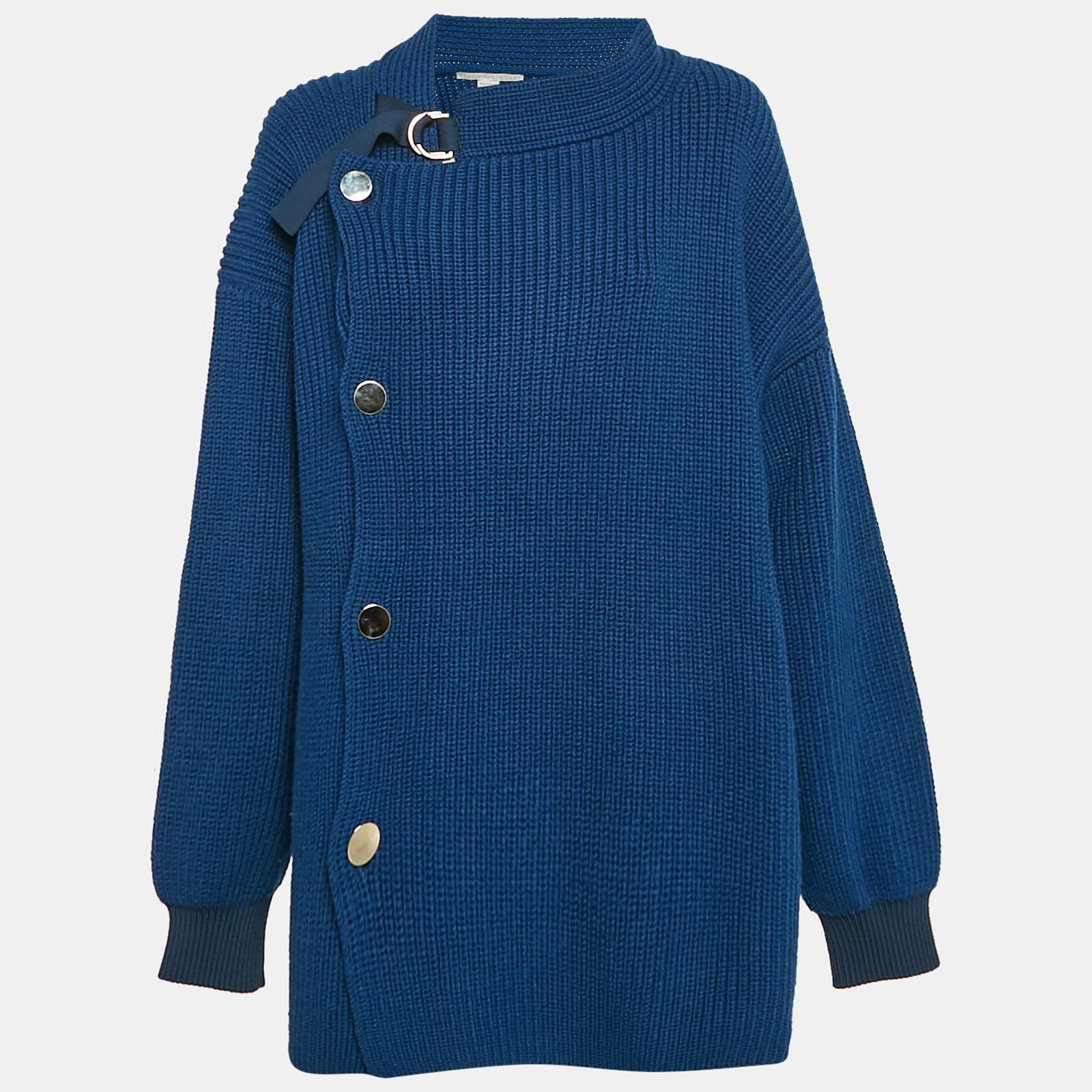 Stella McCartney Blue Rib Knit Asymmetrical Button Oversized Sweater M