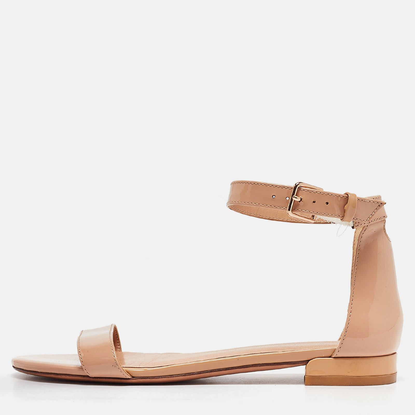 Stuart Weitzman Beige Patent Leather Ankle Strap Flat Sandals Size 37.5