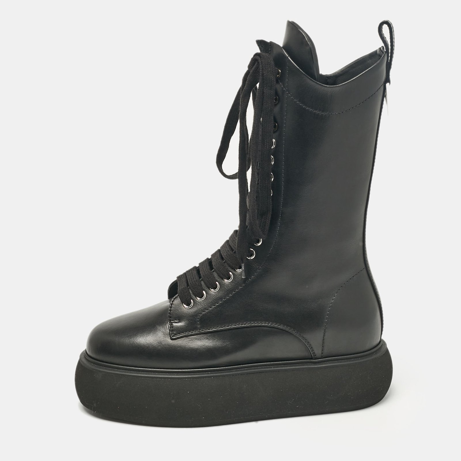 The Attico Black Leather Lace Up Mid Calf Boots Size Size 37