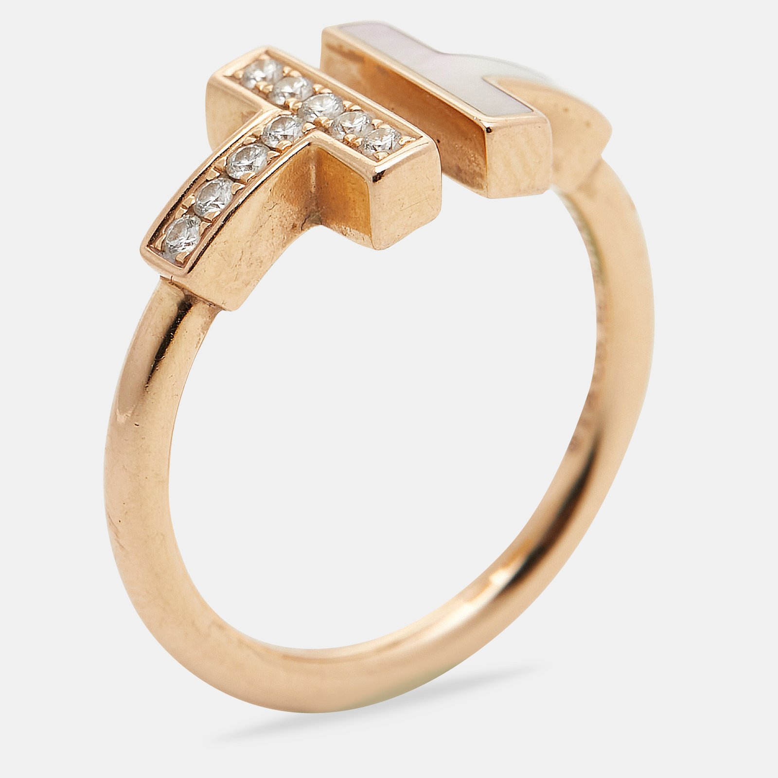 Tiffany & Co. Tiffany T Wire Mother of Pearl Diamond 18k Rose Gold Ring Size 50
