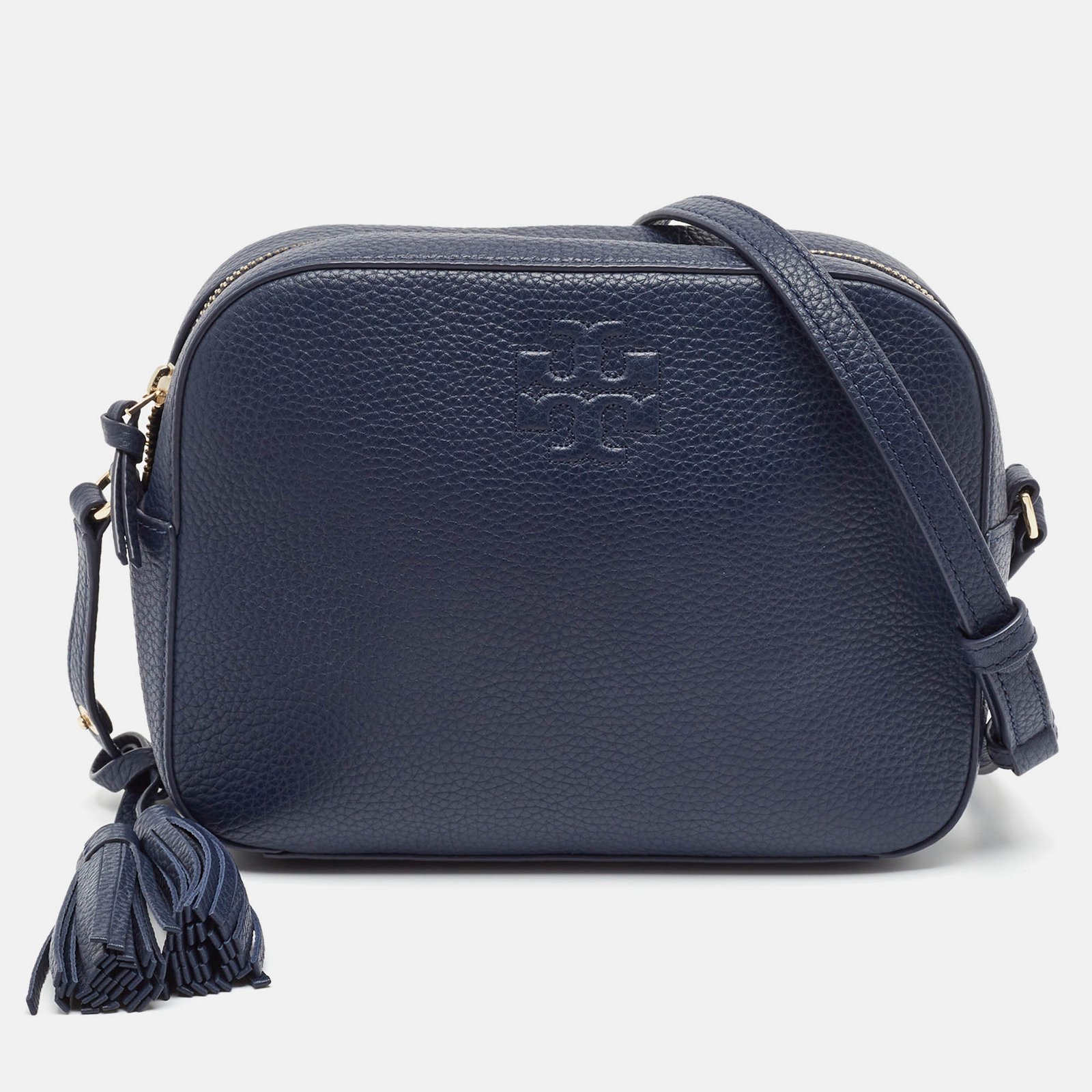 Tory Burch Navy Blue Leather Camera Tassel Crossbody Bag