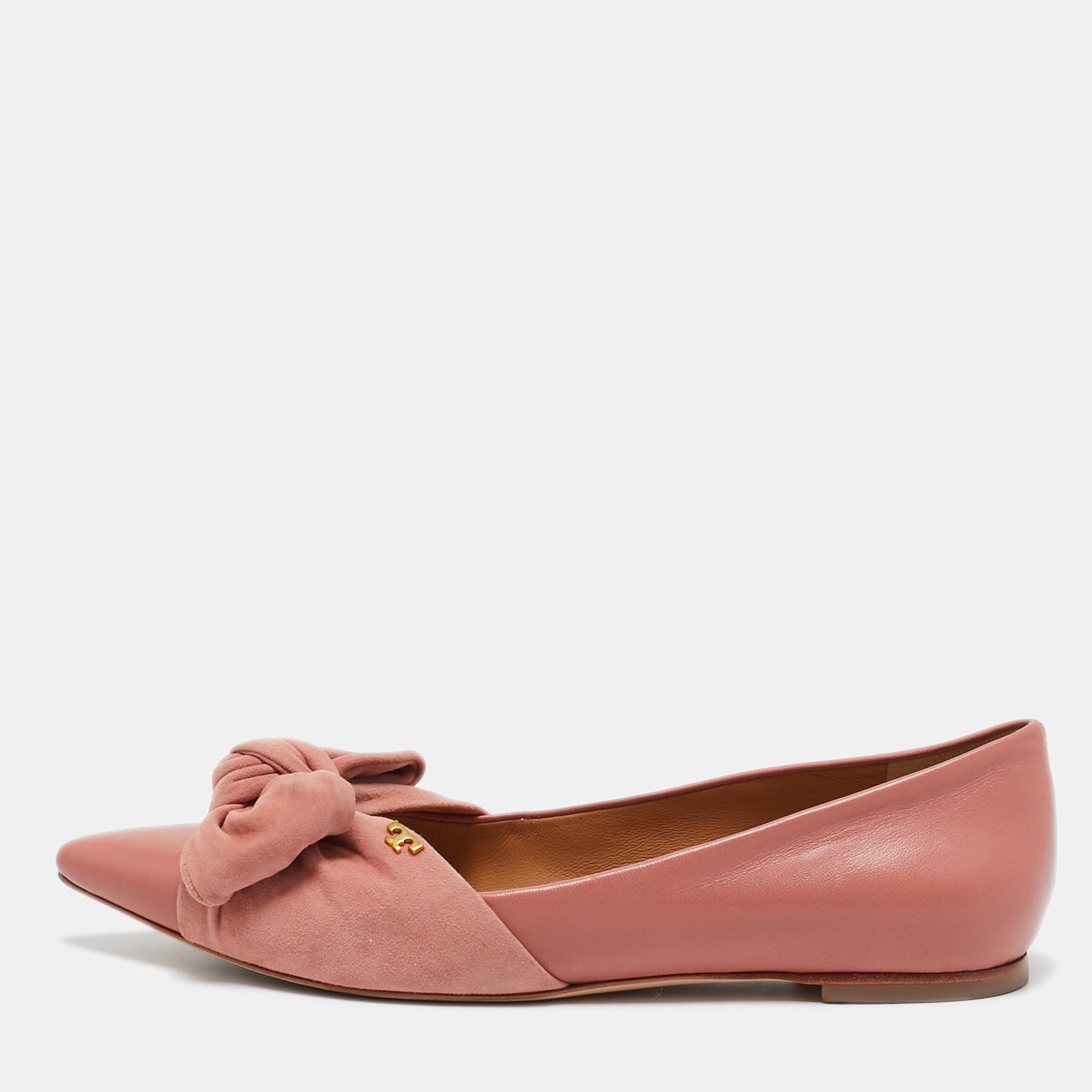 Tory Burch Pink Leather and Suede Knotted Bow Ballet Flats Size 37.5